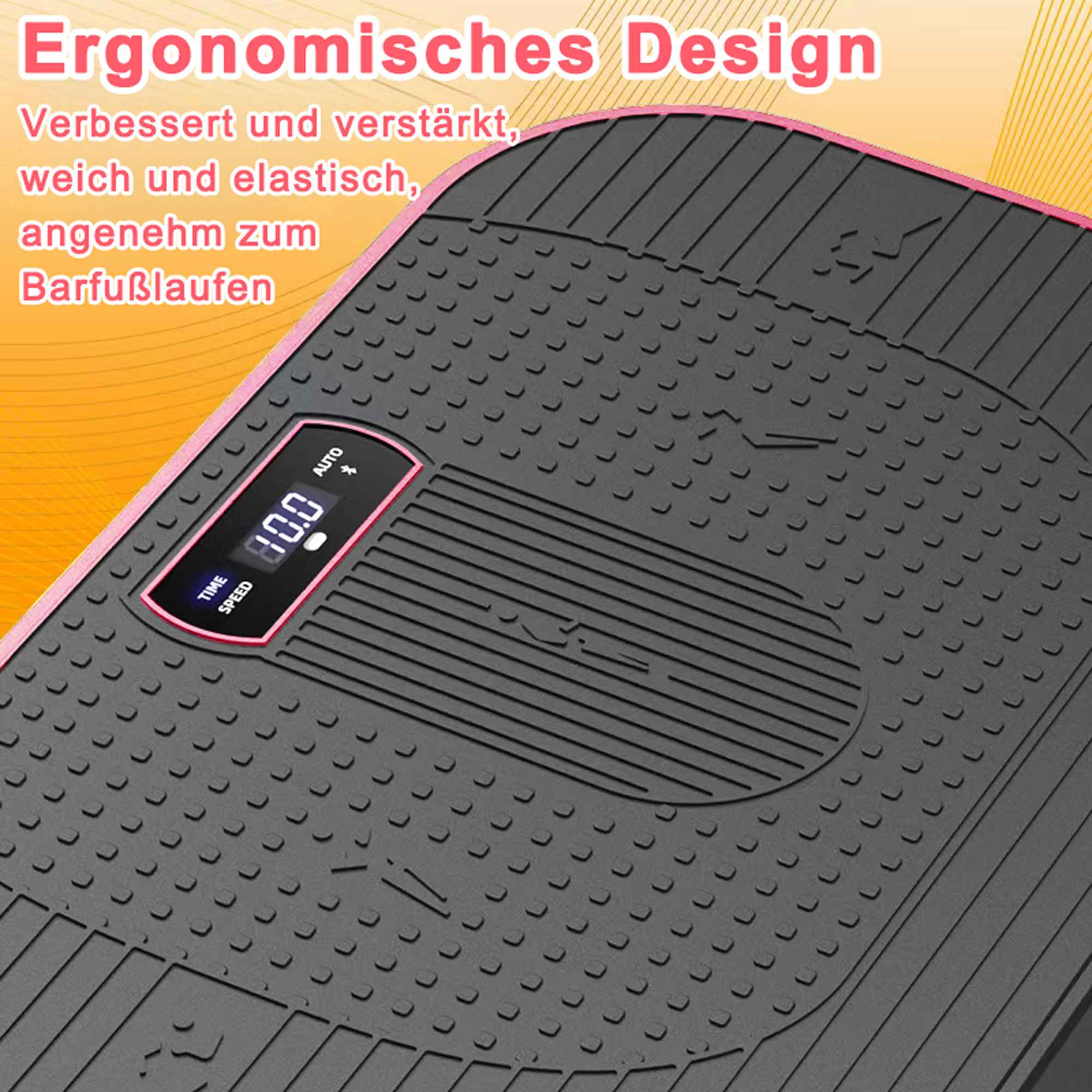 Schwarzes Fußmassagegerät mit digitaler Anzeige '10.0'. Rosa Ränder und gelber Hintergrund mit deutschem Text.
