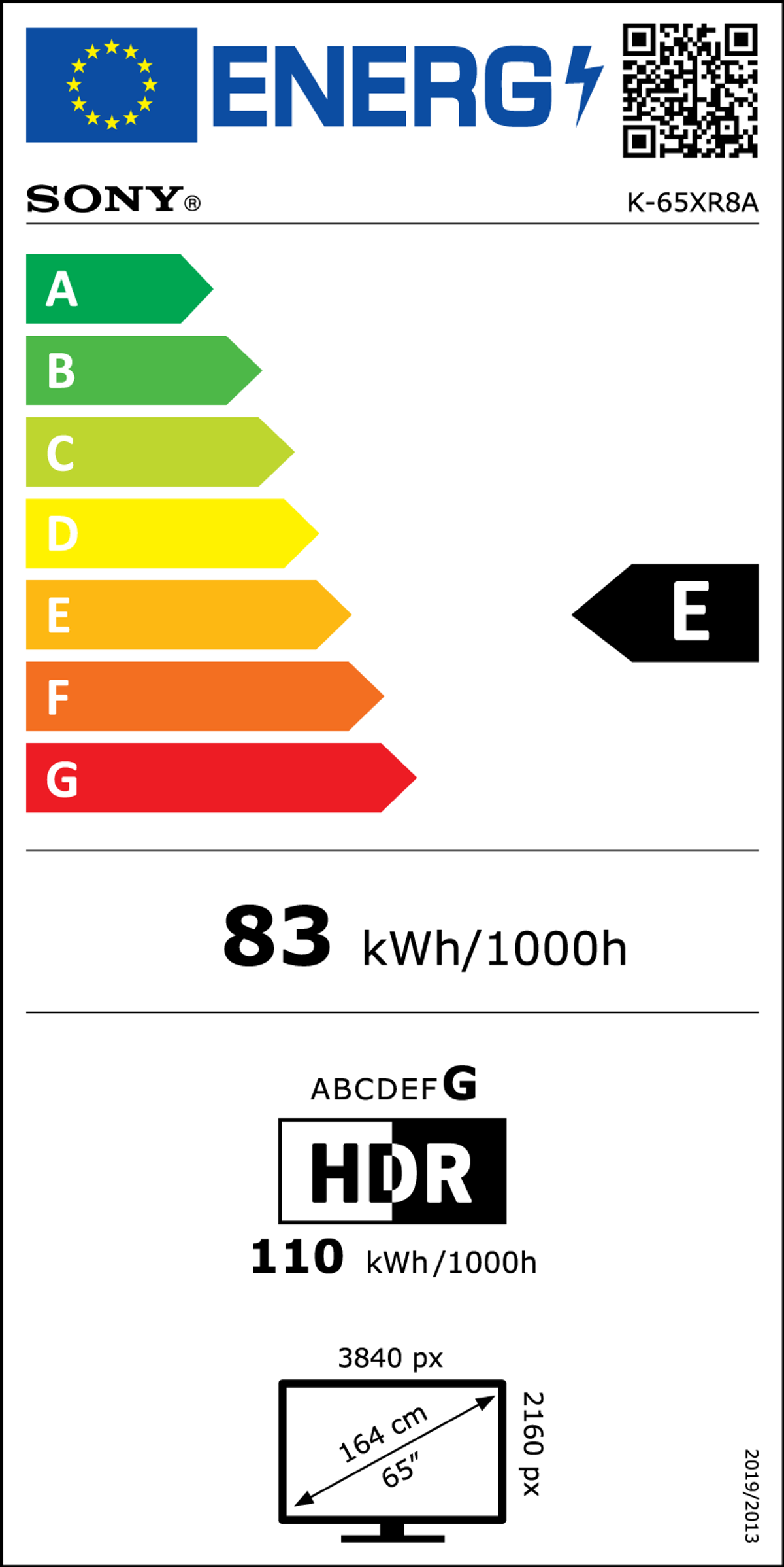 Etykieta energetyczna telewizora Sony, pokazująca efektywność energetyczną, zużycie i rozmiar ekranu.