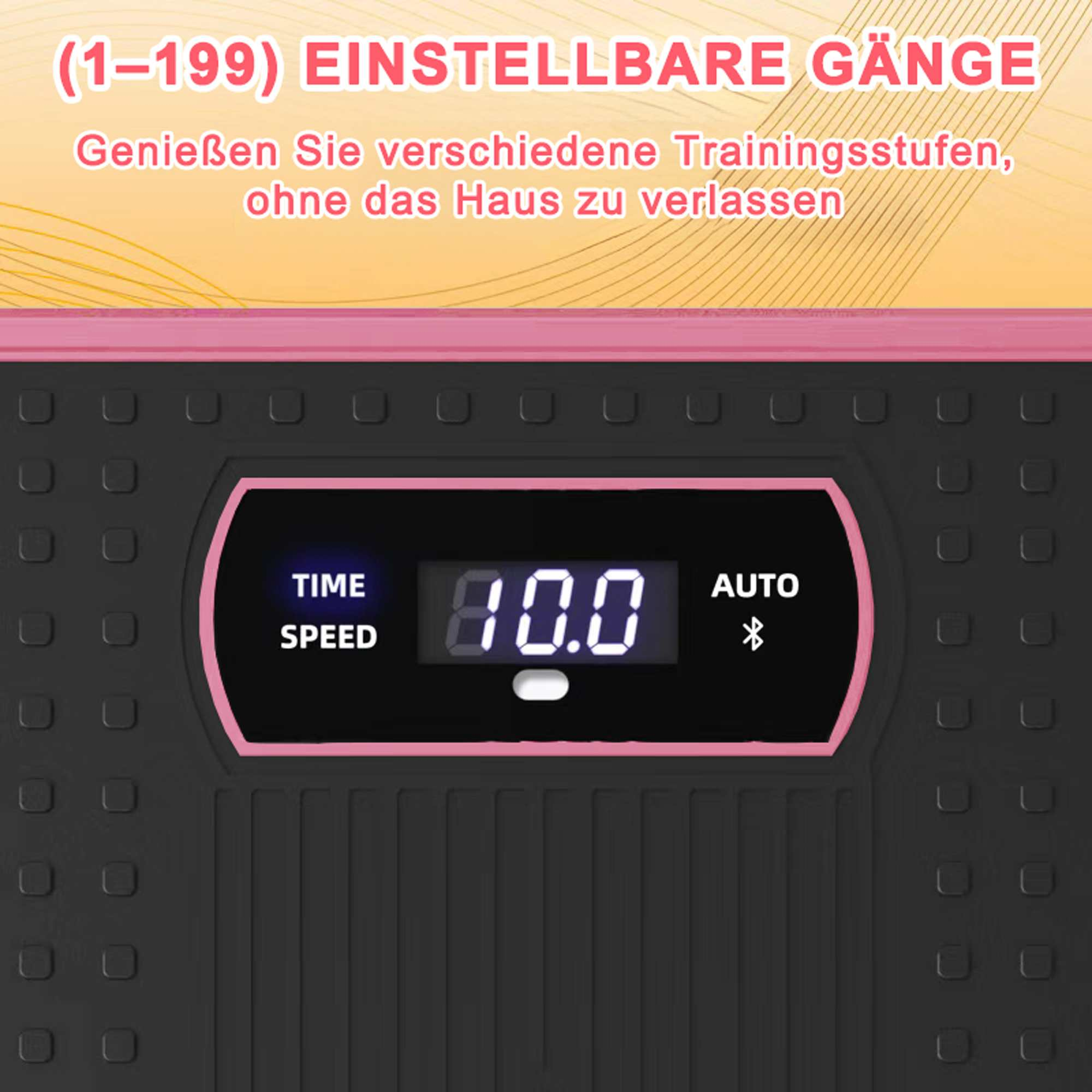 Fitnessgerät mit Digitalanzeige, die 10,0 anzeigt und Optionen für Zeit, Geschwindigkeit und Automatik bietet. Rosa-schwarzes Design.