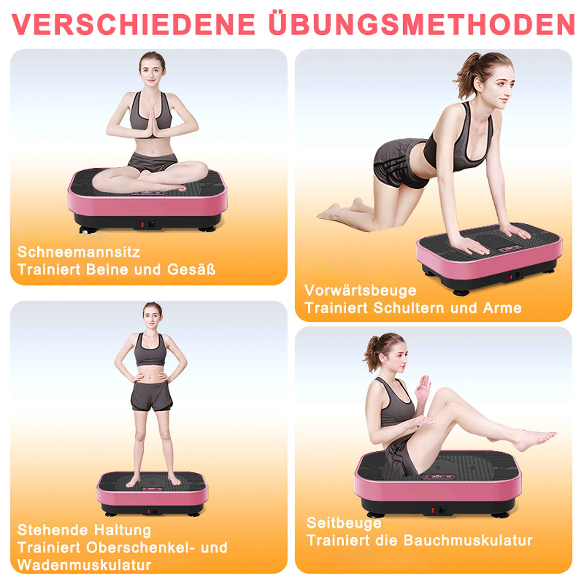 Das Bild zeigt verschiedene Übungen auf einer pinkfarbenen Vibrationsplattform. Frauen demonstrieren Posen: Sitzen, Beugen, Stehen und Seitbeugen.