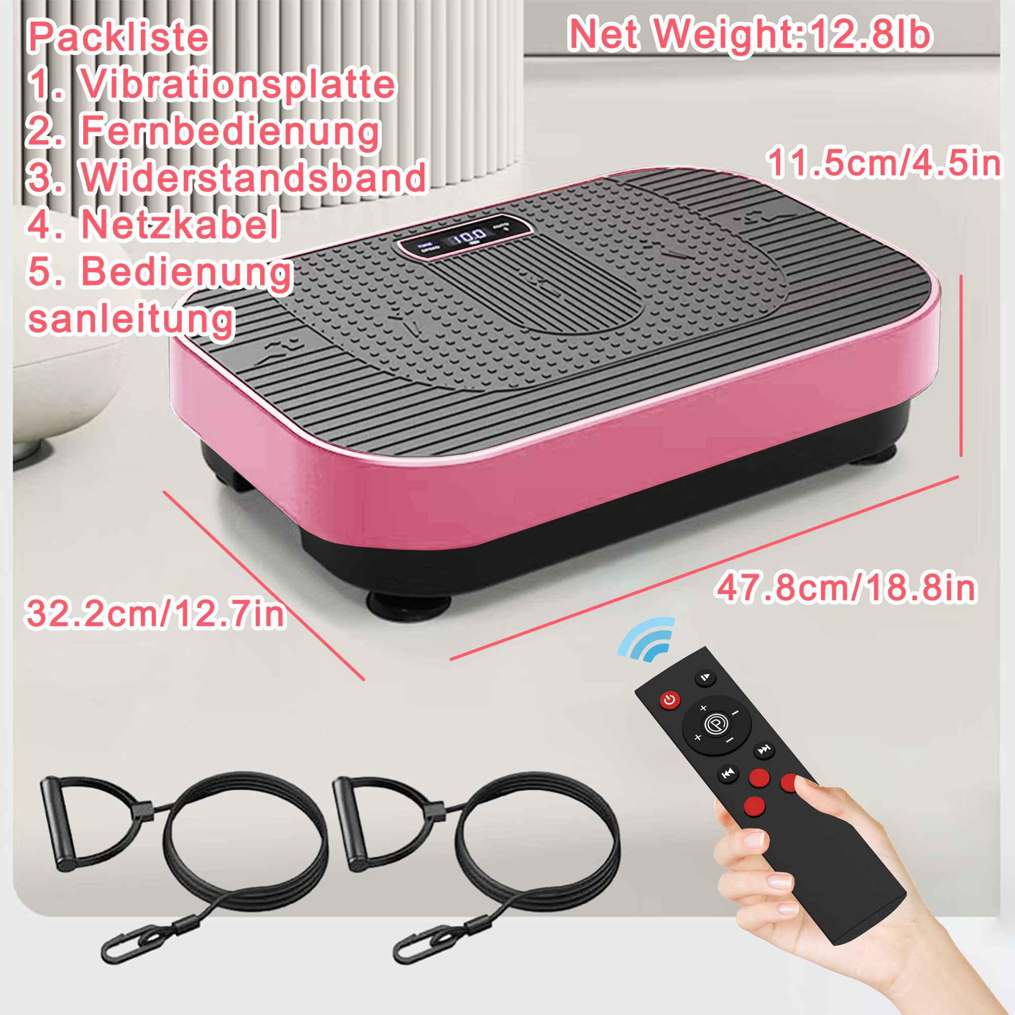 Eine rosa und schwarze Vibrationsplatte mit Fernbedienung, Widerstandsbändern und einer Liste auf Deutsch.