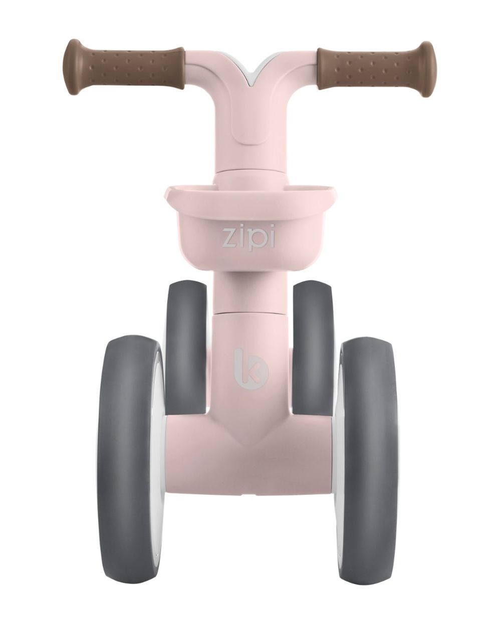 Ein rosa-graues Laufrad mit braunen Griffen. Das Fahrrad hat graue Räder und einen Korb mit dem Wort 'zipi'.