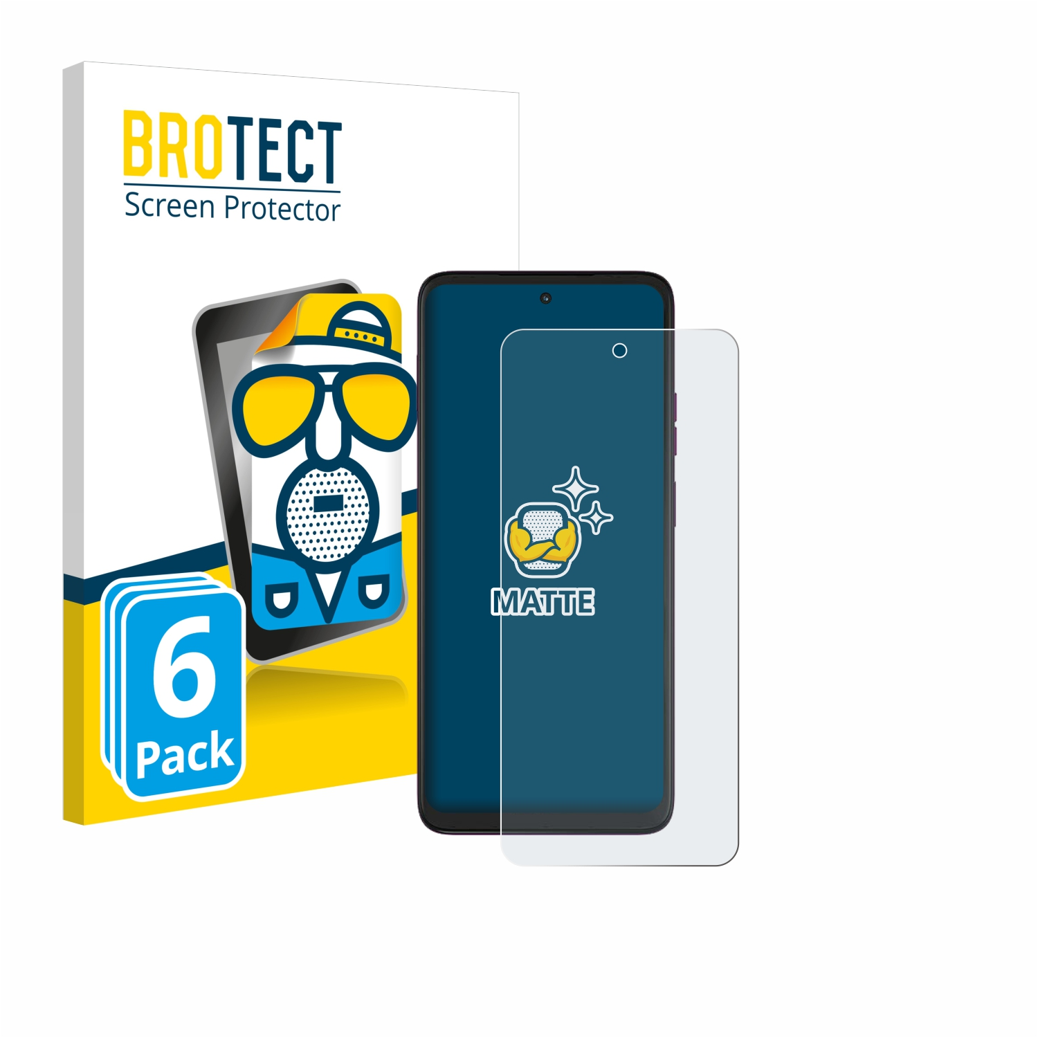 Ein Telefon und eine Displayschutzfolie werden mit der Verpackung angezeigt. Die Verpackung hat eine Zeichentrickfigur und die Worte 'BROTECT Screen Protector'.