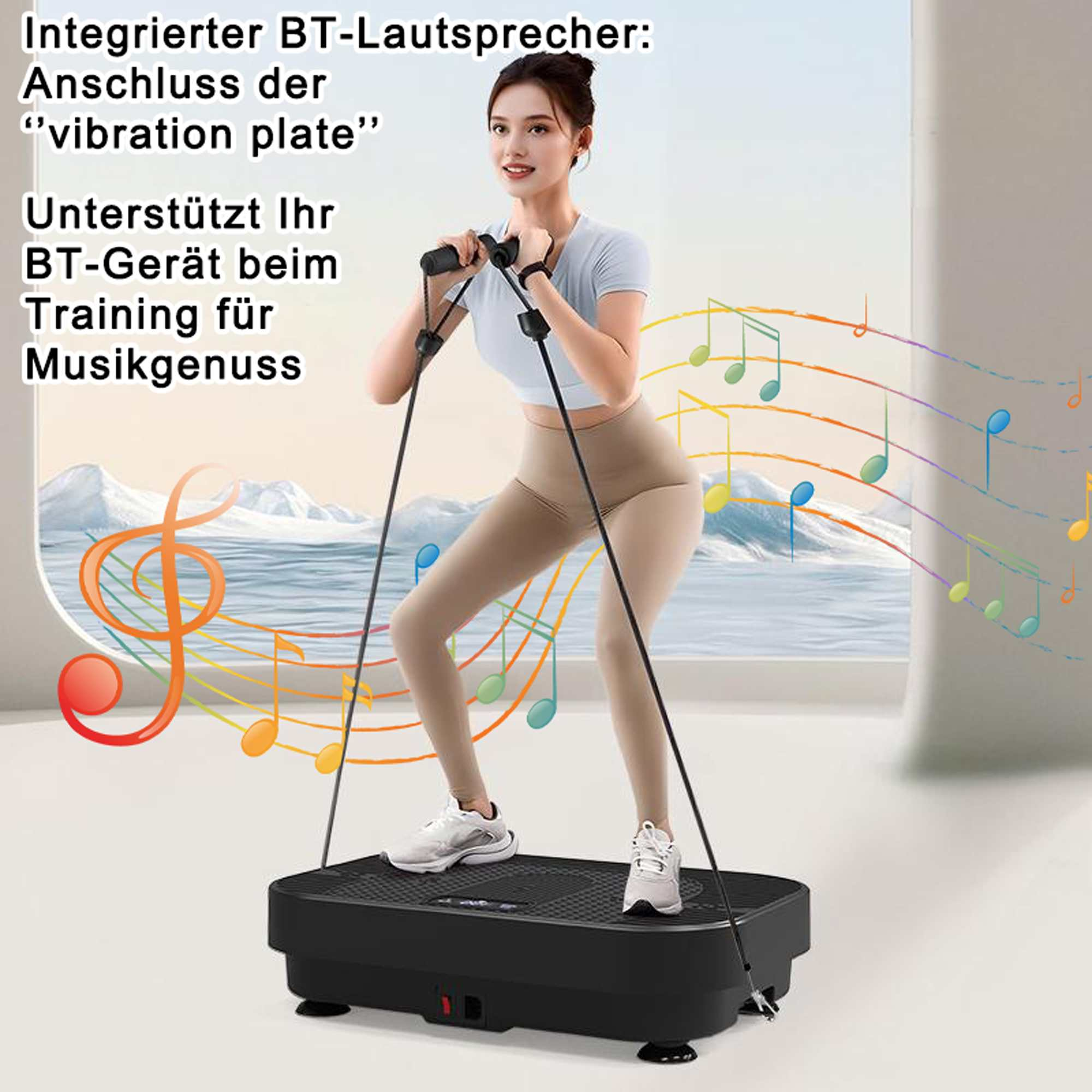 Eine Frau trainiert auf einer Vibrationsplatte mit Widerstandsbändern, Noten im Hintergrund. Der Text lautet 'Vibrationsplatte'.