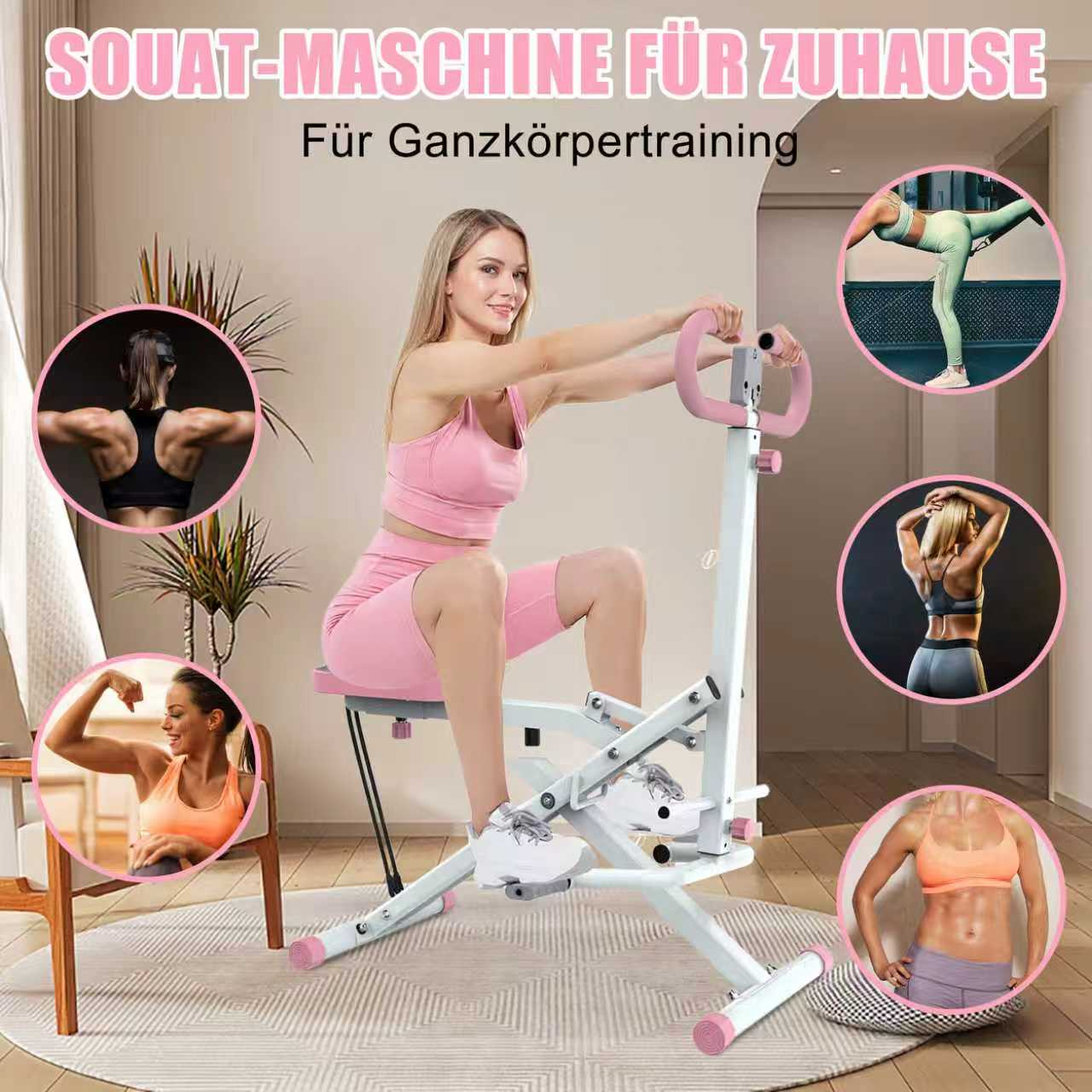 Frau in rosa Sportkleidung benutzt eine Kniebeugenmaschine. Zusätzliche Bilder zeigen Frauen in Sportkleidung und Maschinendetails.