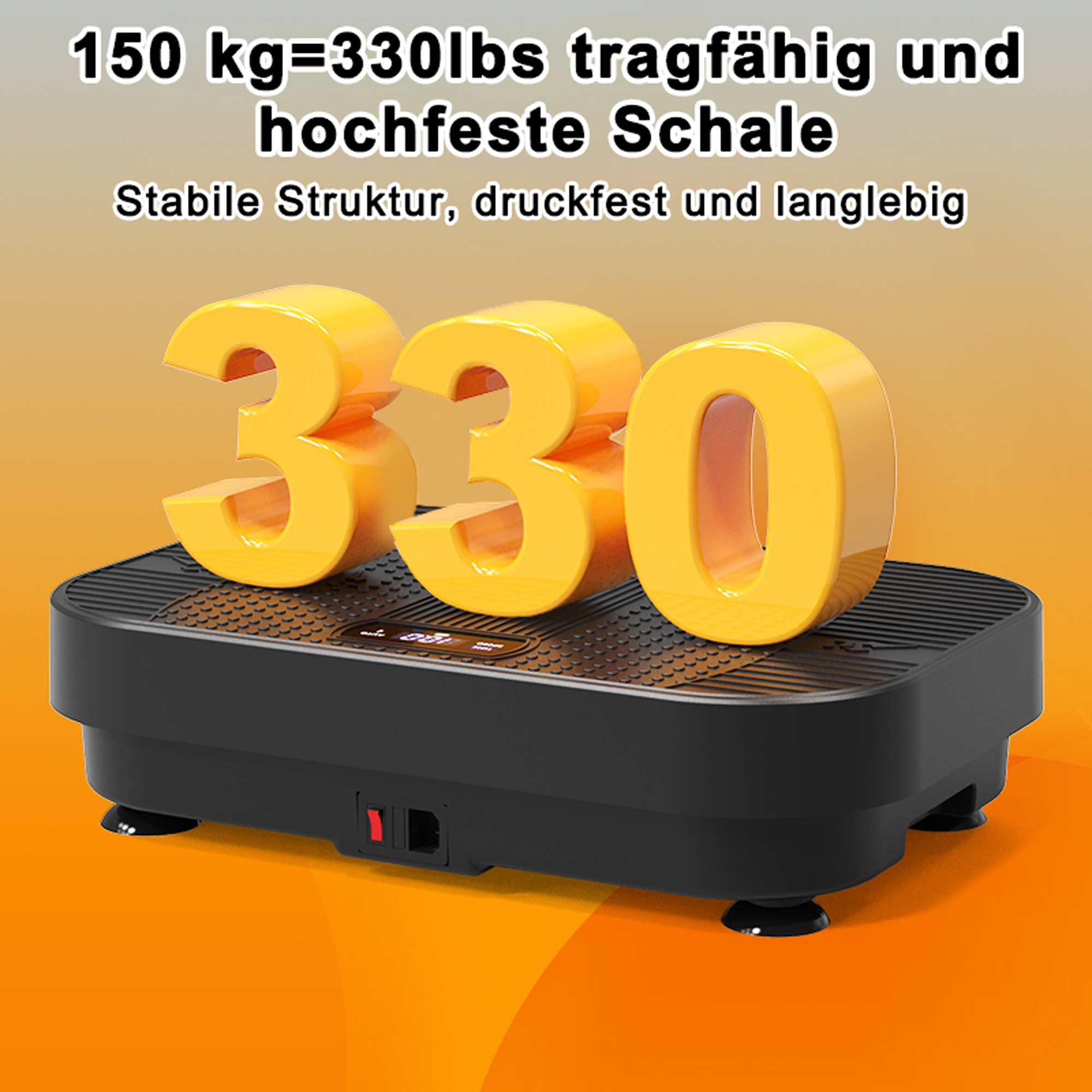 Ein gelbes '330' sitzt auf einer schwarzen Vibrationsplatte auf einem orangefarbenen Hintergrund. Text: 'tragfähig und hochfeste Schale'.