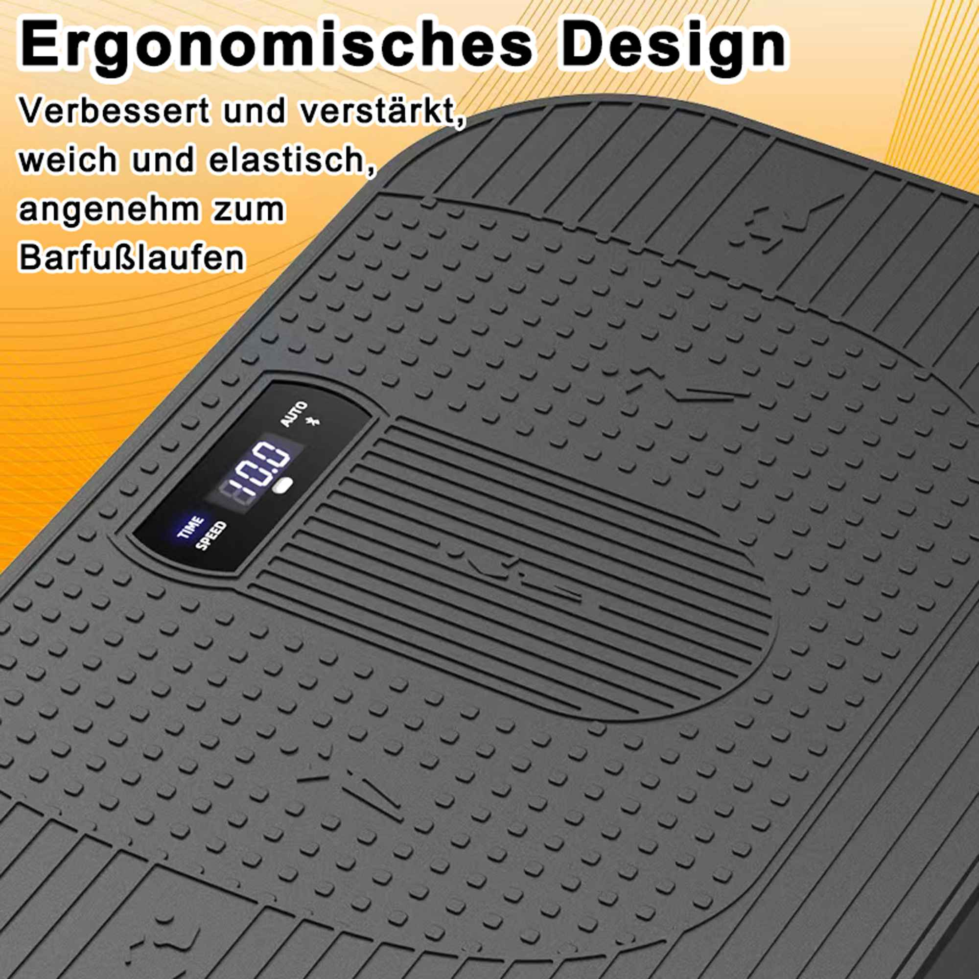 Schwarzes Fußmassagegerät mit LED-Anzeige 10.0. Es hat eine strukturierte Oberfläche und den Text 'Ergonomisches Design'.