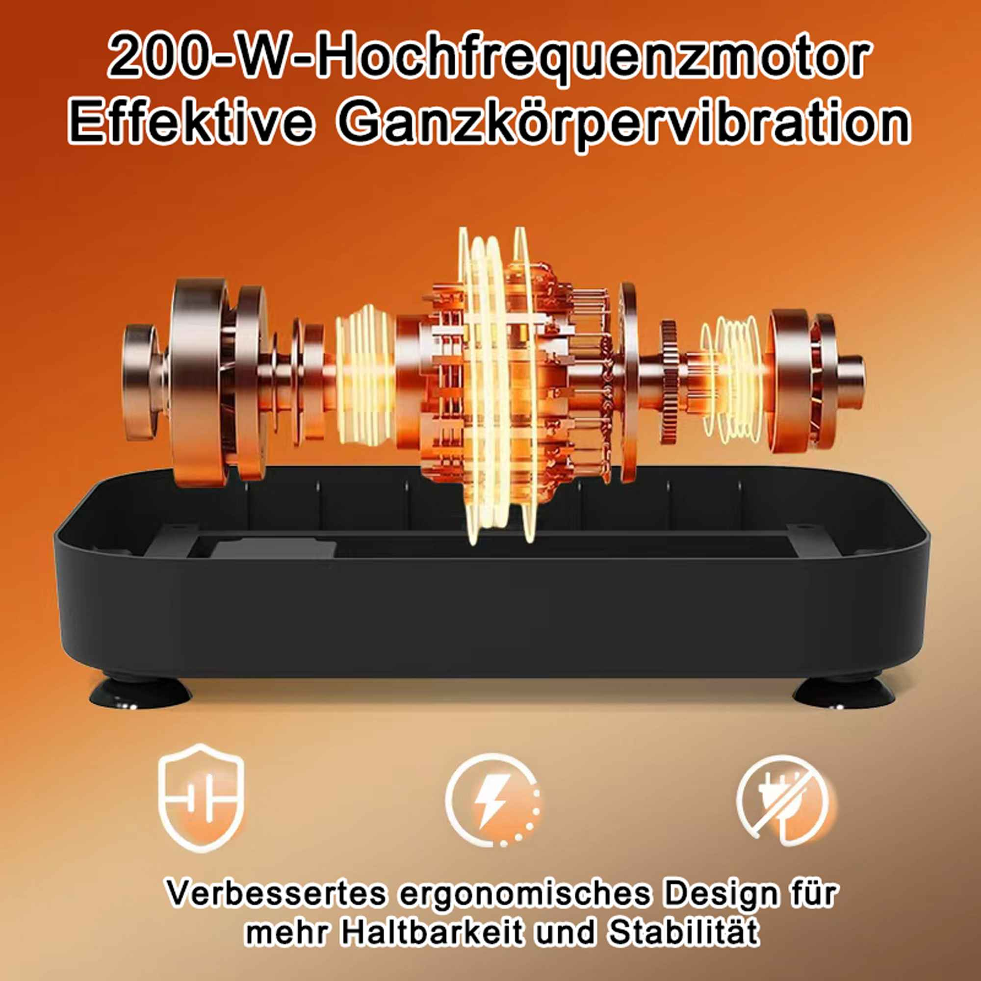 Anatomie einer Vibrationsmaschine mit Text: 200-W-Hochfrequenzmotor, Ganzkörpervibration und Designmerkmalen.