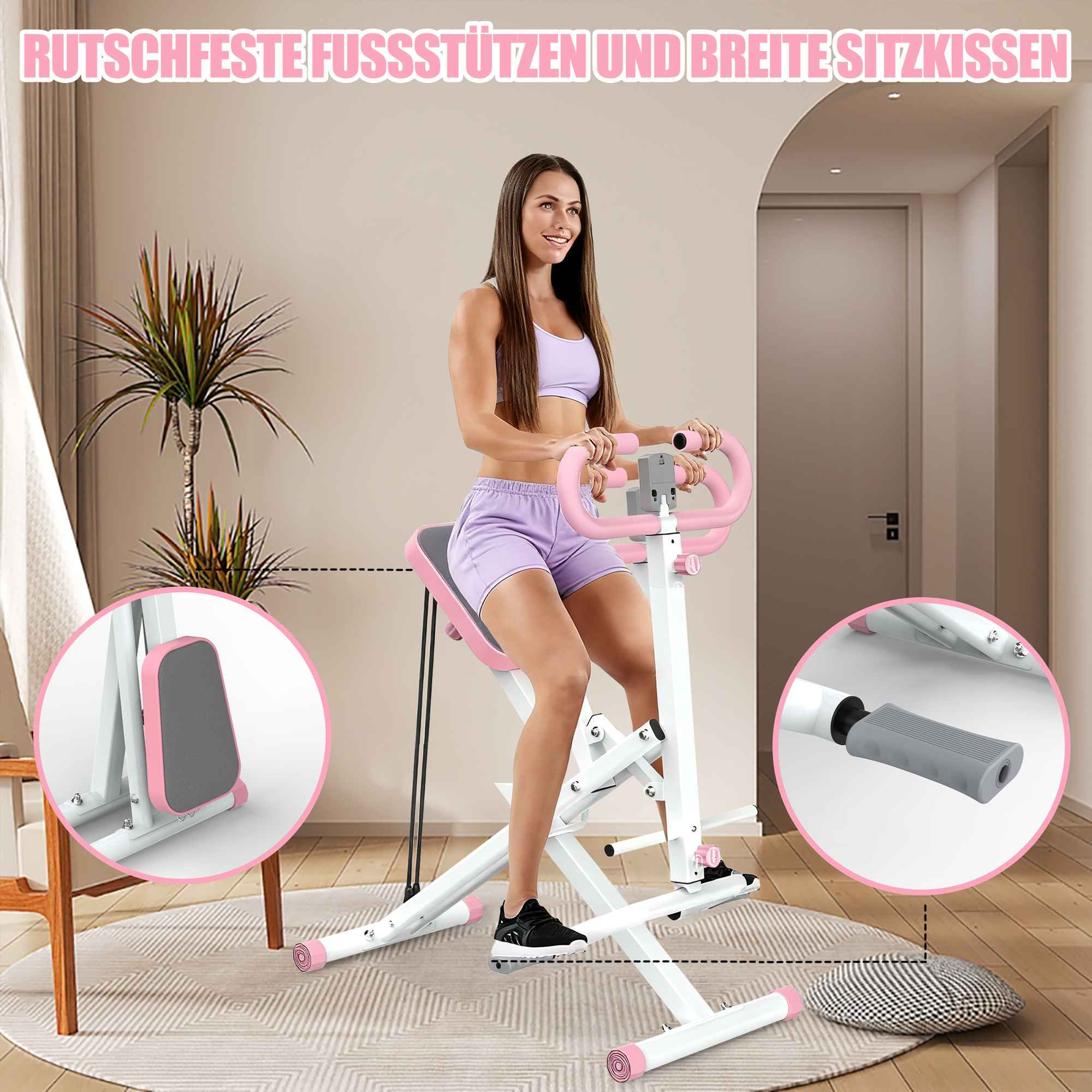 Eine Frau trainiert auf einem rosa-weißen Fitnessgerät. Die Maschine hat Fußstützen, einen Sitz und Griffe. Sie trägt Sportkleidung.