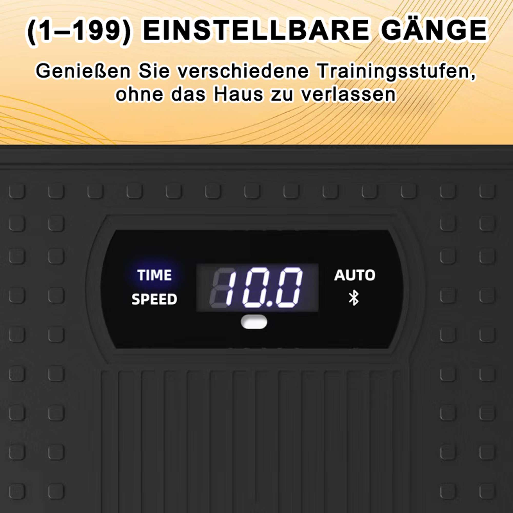 Fitnessgerät mit Digitalanzeige, die '80.0' anzeigt. Text oben sagt, einstellbare Gänge für das Training.