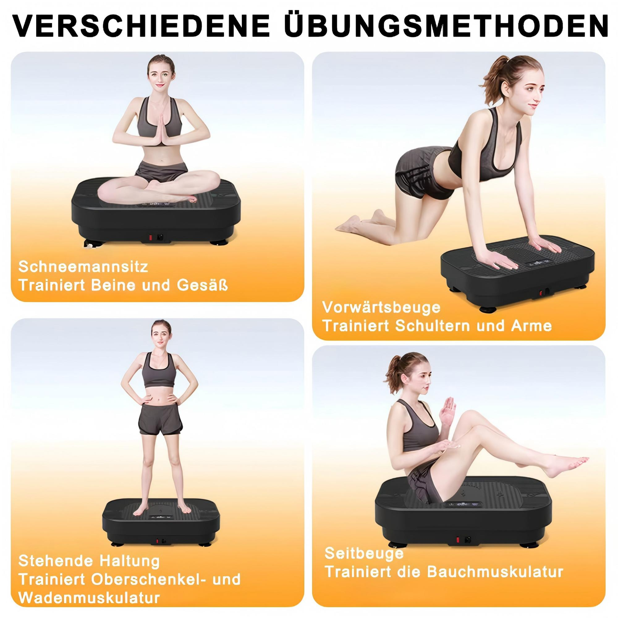 Das Bild zeigt Trainingsroutinen auf einer Vibrationsplattform. Vier verschiedene Übungen werden von Frauen demonstriert.