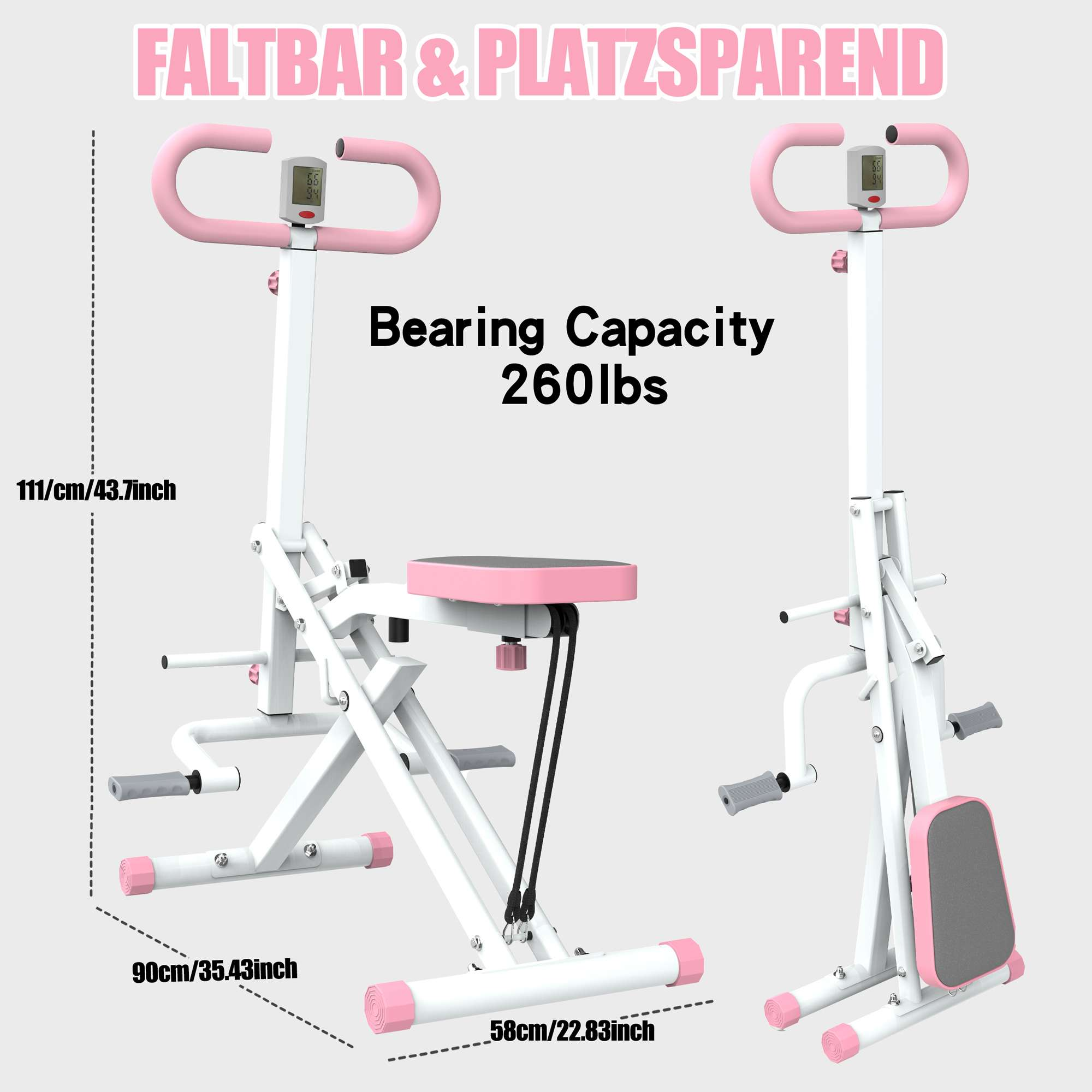 Rosa-weißes Trainingsgerät. Es hat Griffe, einen Sitz und eine Digitalanzeige. Der Text besagt, dass es faltbar ist und eine Kapazität von 260 lbs hat.