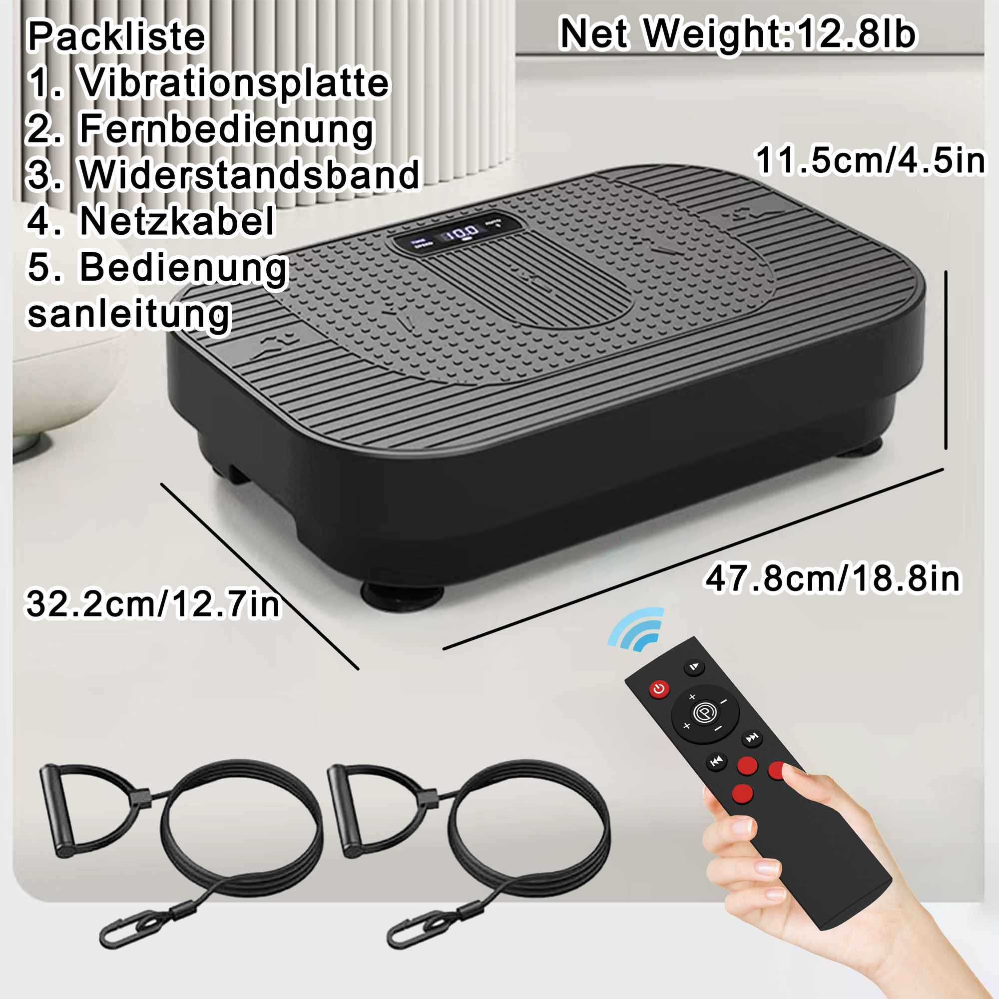 Schwarze Vibrationsplatte mit Fernbedienung, Widerstandsbändern. Abmessungen und Gewicht werden angezeigt. Textliste links.