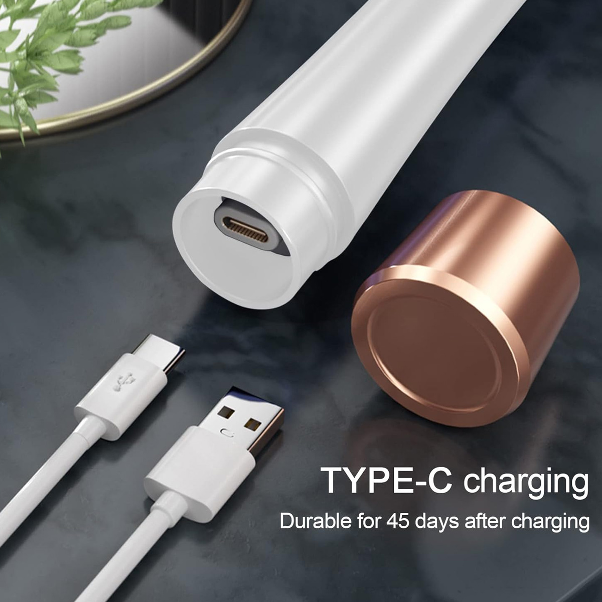 Weißes und kupferfarbenes Ladegerät mit USB-Kabeln. Text: TYPE-C-Aufladung. Hält 45 Tage.