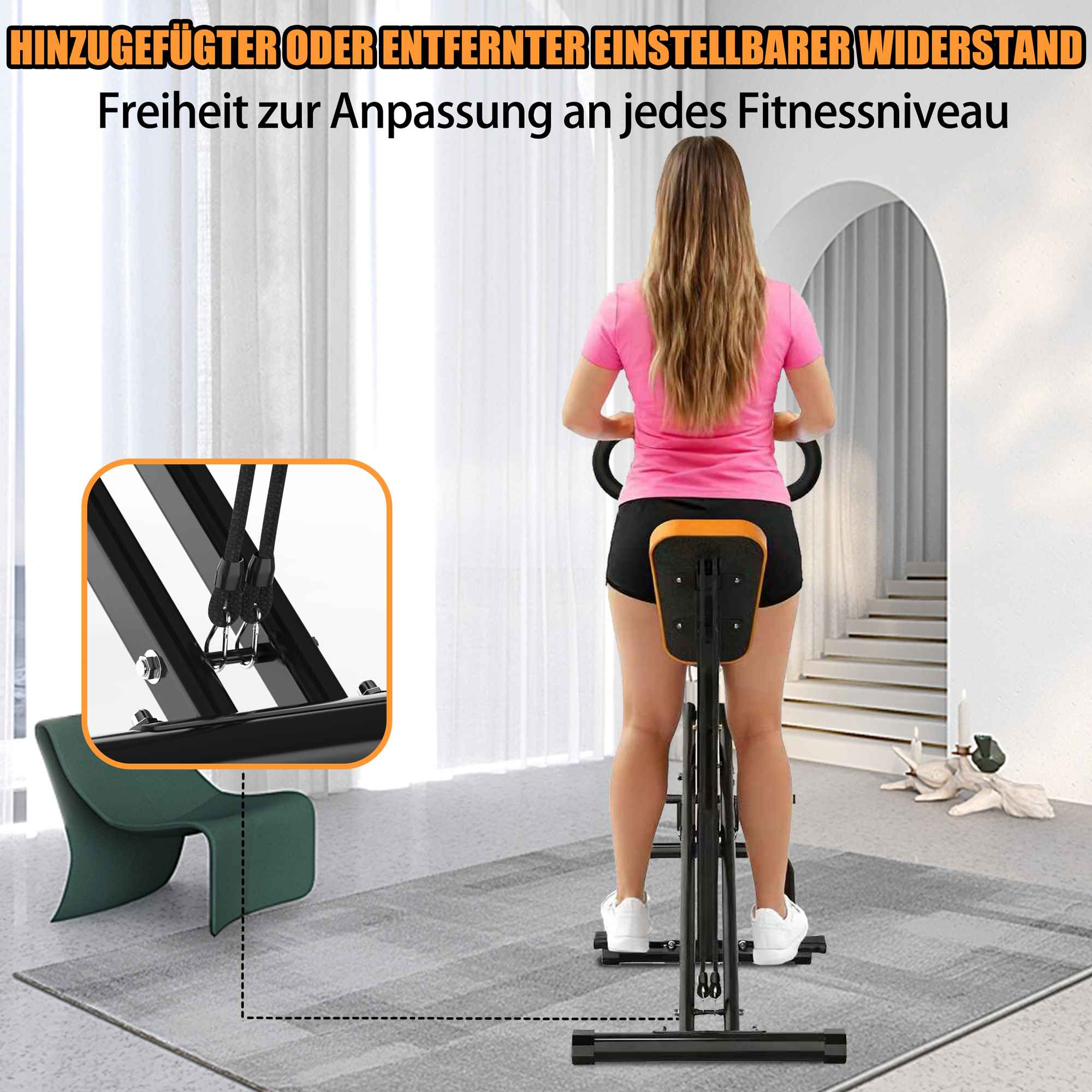 Eine Frau benutzt ein Fitnessgerät. Die Maschine ist schwarz mit einem orangefarbenen Sitz. Sie trägt ein rosa Hemd und schwarze Shorts.