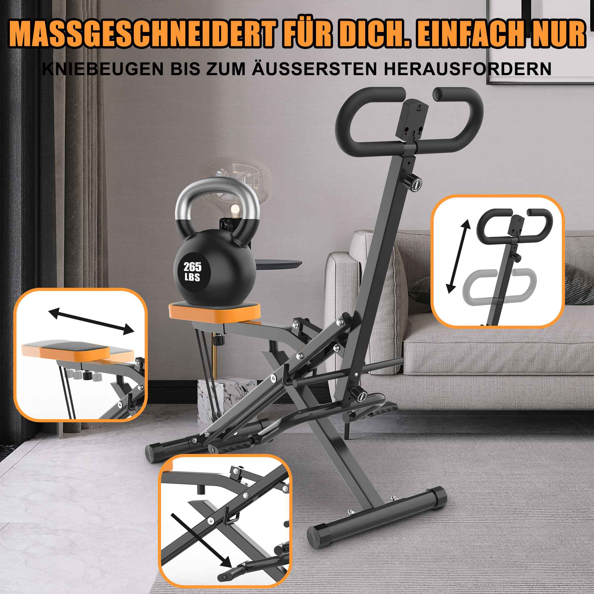 Eine schwarze Trainingsmaschine mit einer Kettlebell darauf. Pfeile zeigen auf verstellbare Teile. Im Hintergrund ein Sofa.