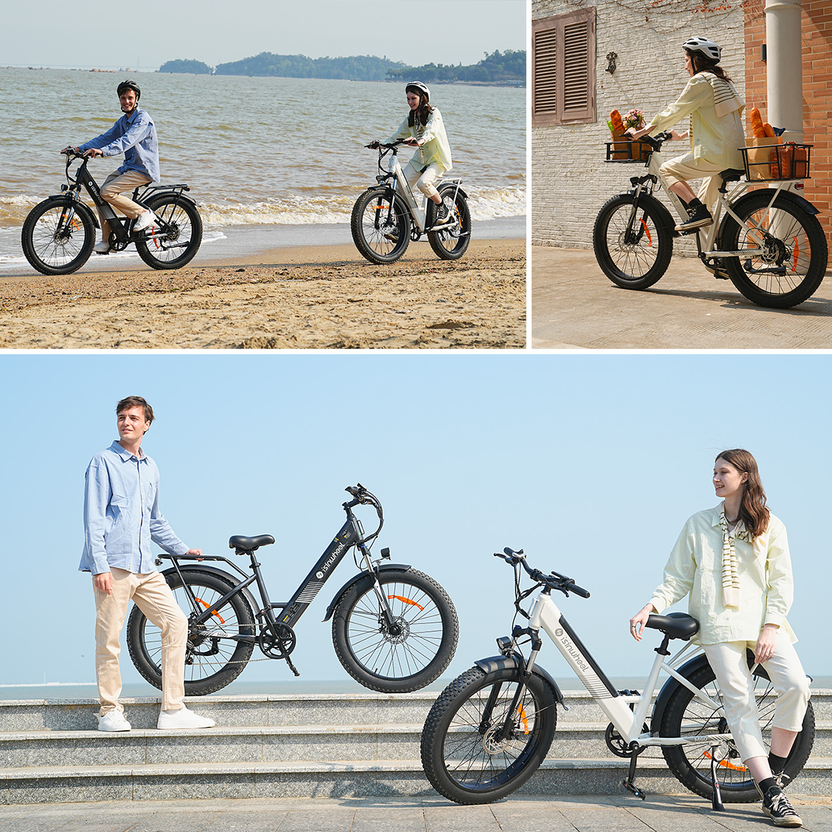 Ludzie jeżdżą na rowerach elektrycznych na plaży i ulicy, w tle morze i budynki. Rowery są czarno-białe.