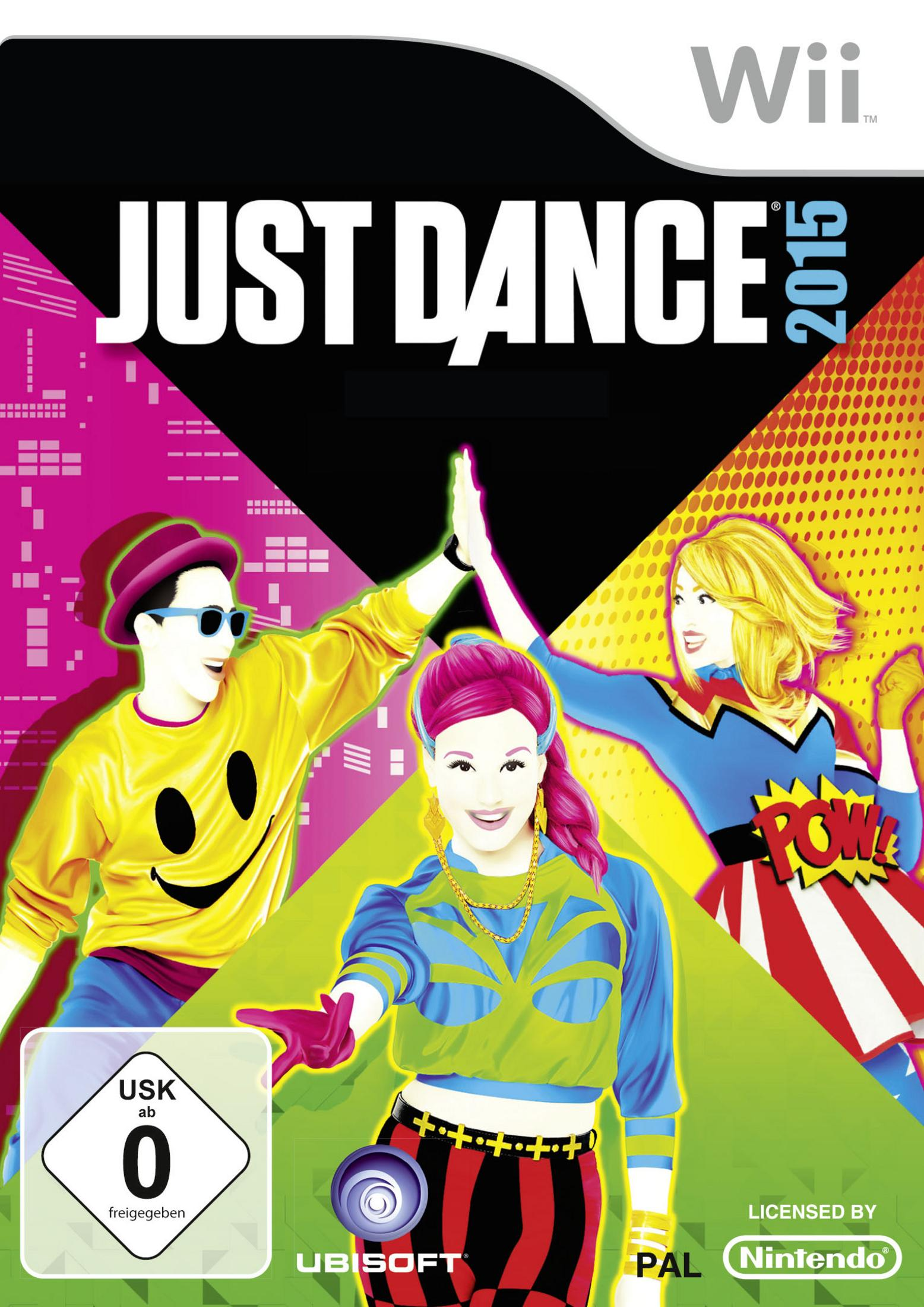Cover-Art von Just Dance 2015 für Wii. Drei Figuren in Tanzposen, helle Farben, Logo und Bewertungen sind sichtbar.