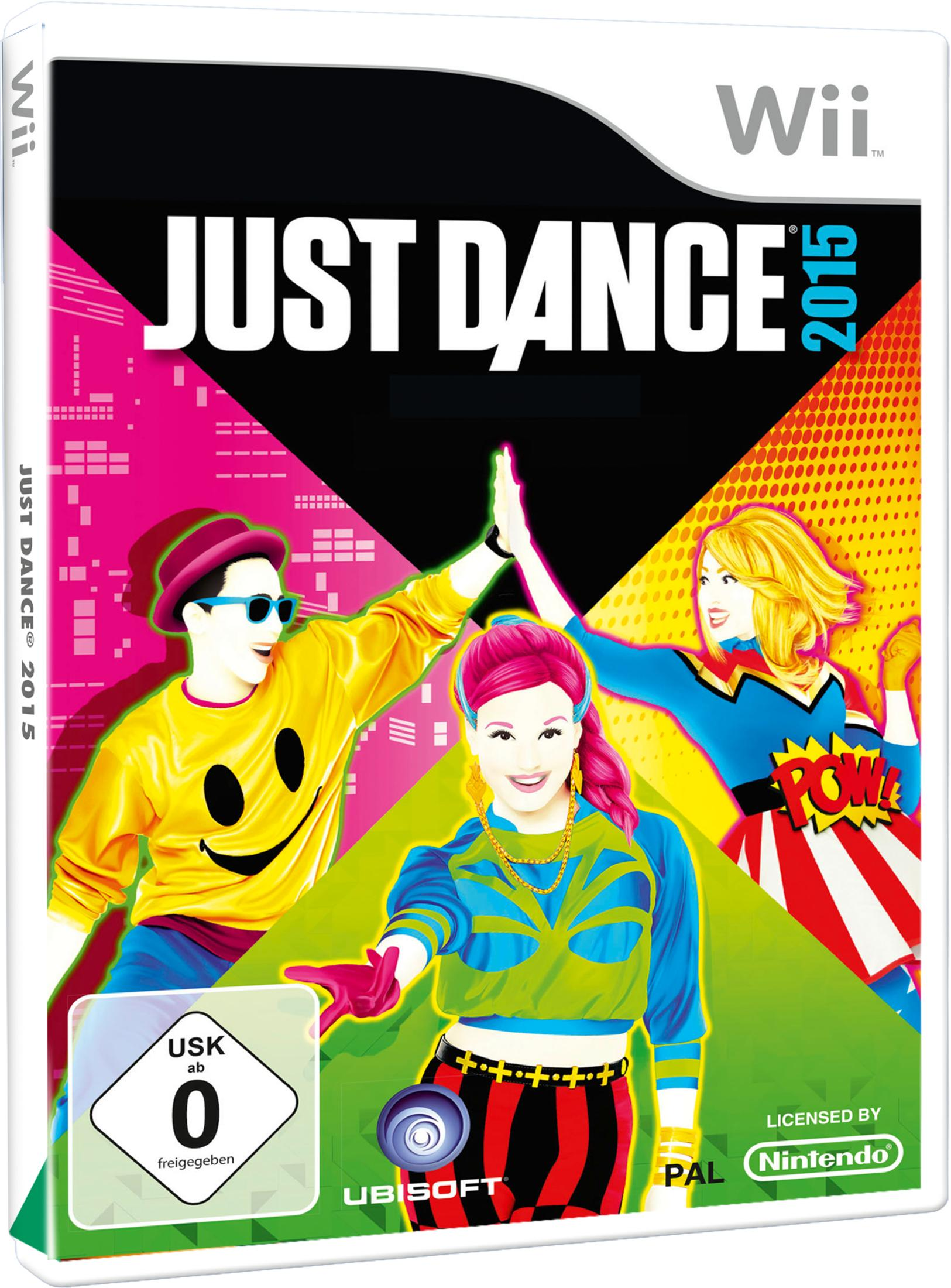 Spielcover von Just Dance 2015. Drei Tänzer in bunten Outfits performen. Der Hintergrund hat pinke und gelbe Elemente.