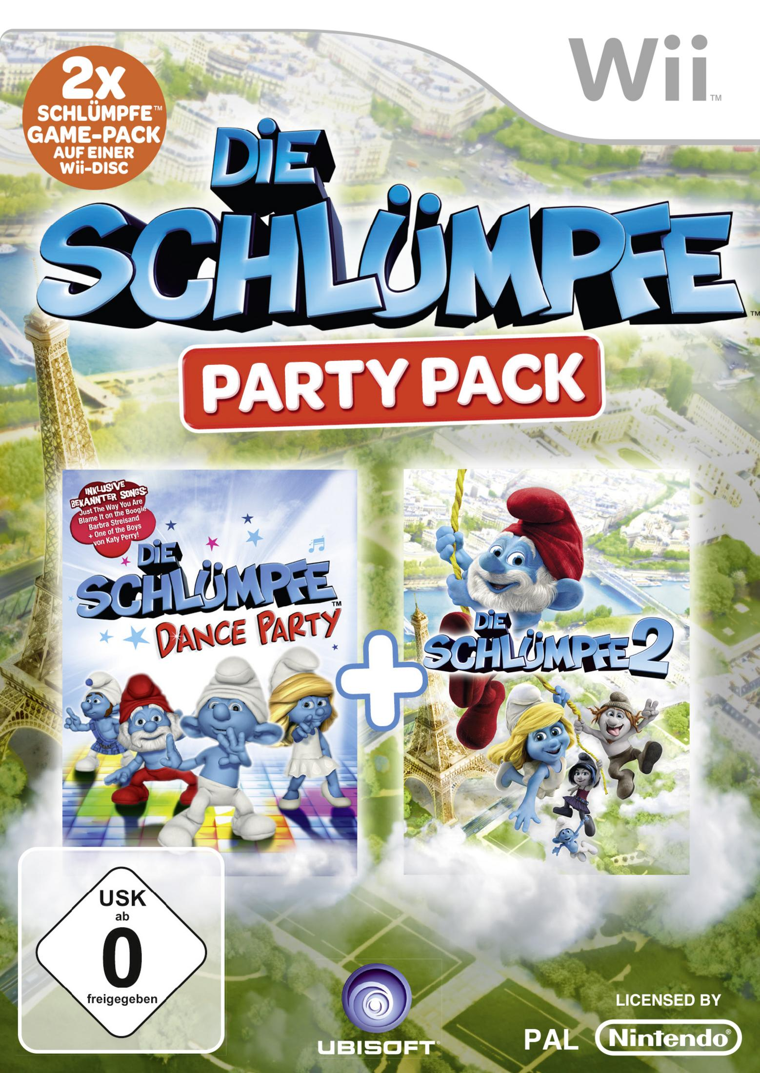 Spielcover mit Schlümpfen, Titel in Blau und Eiffelturm im Hintergrund. Enthält zwei Spiele: Dance Party und Schlümpfe 2.