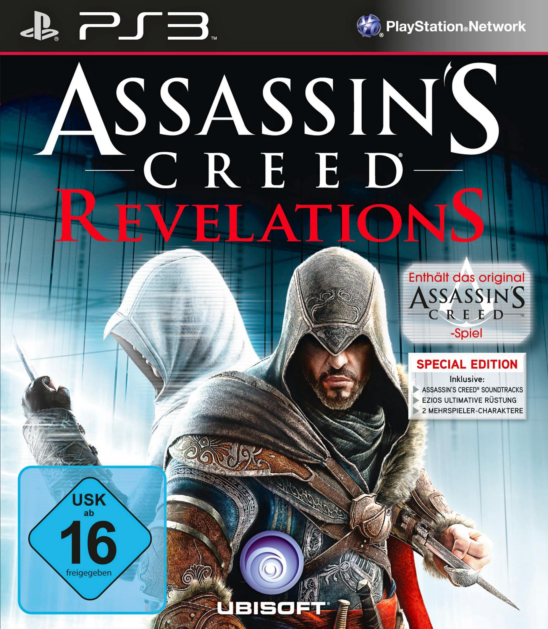 Cover-Art für Assassin's Creed: Revelations auf PS3. Zeigt zwei Kapuzenfiguren, Spieletitel und ESRB-Rating.