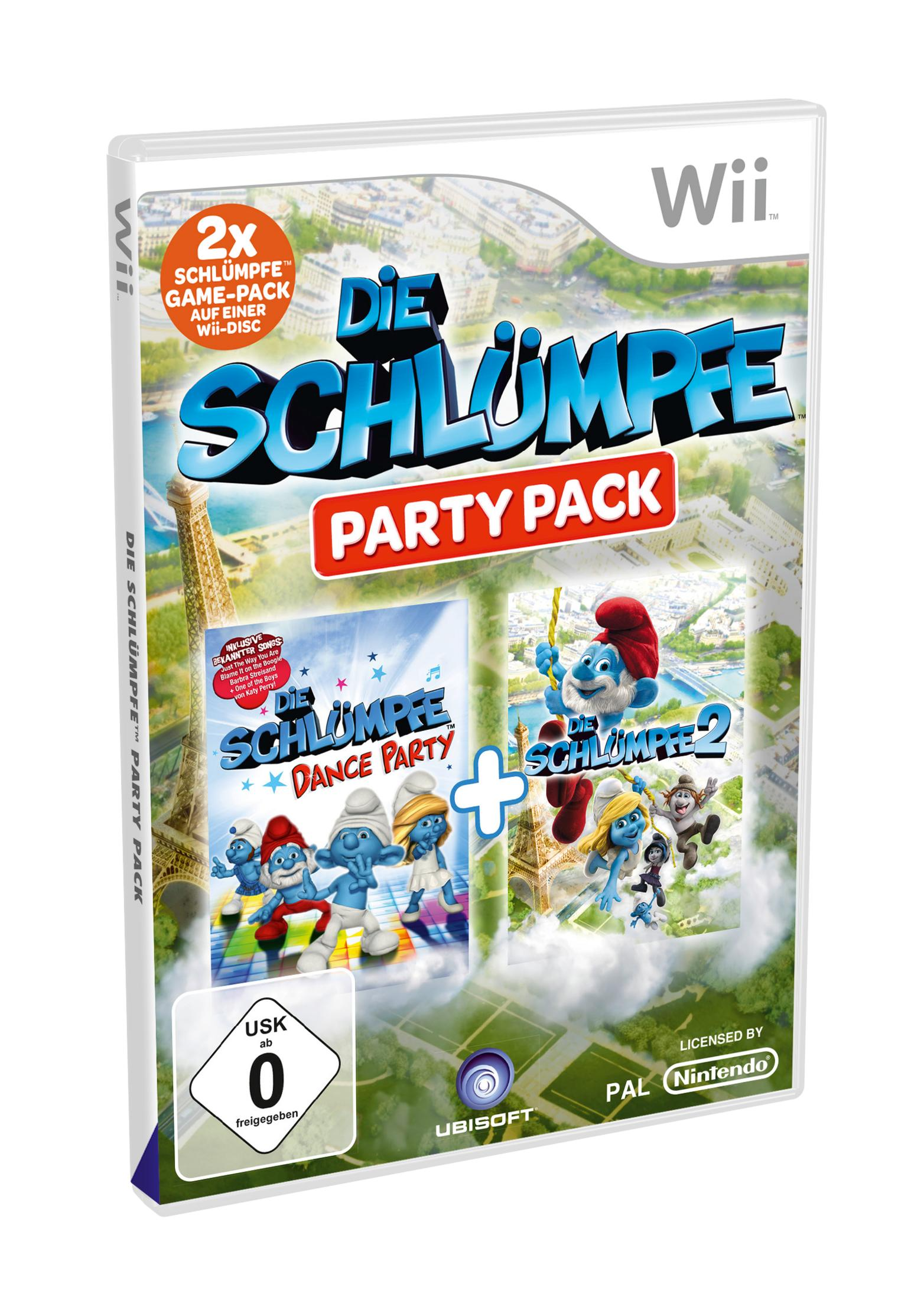 Wii-Spielhülle mit Schlümpfen. Enthält zwei Spiele, Eiffelturm-Hintergrund und das Wort 'Party Pack'.