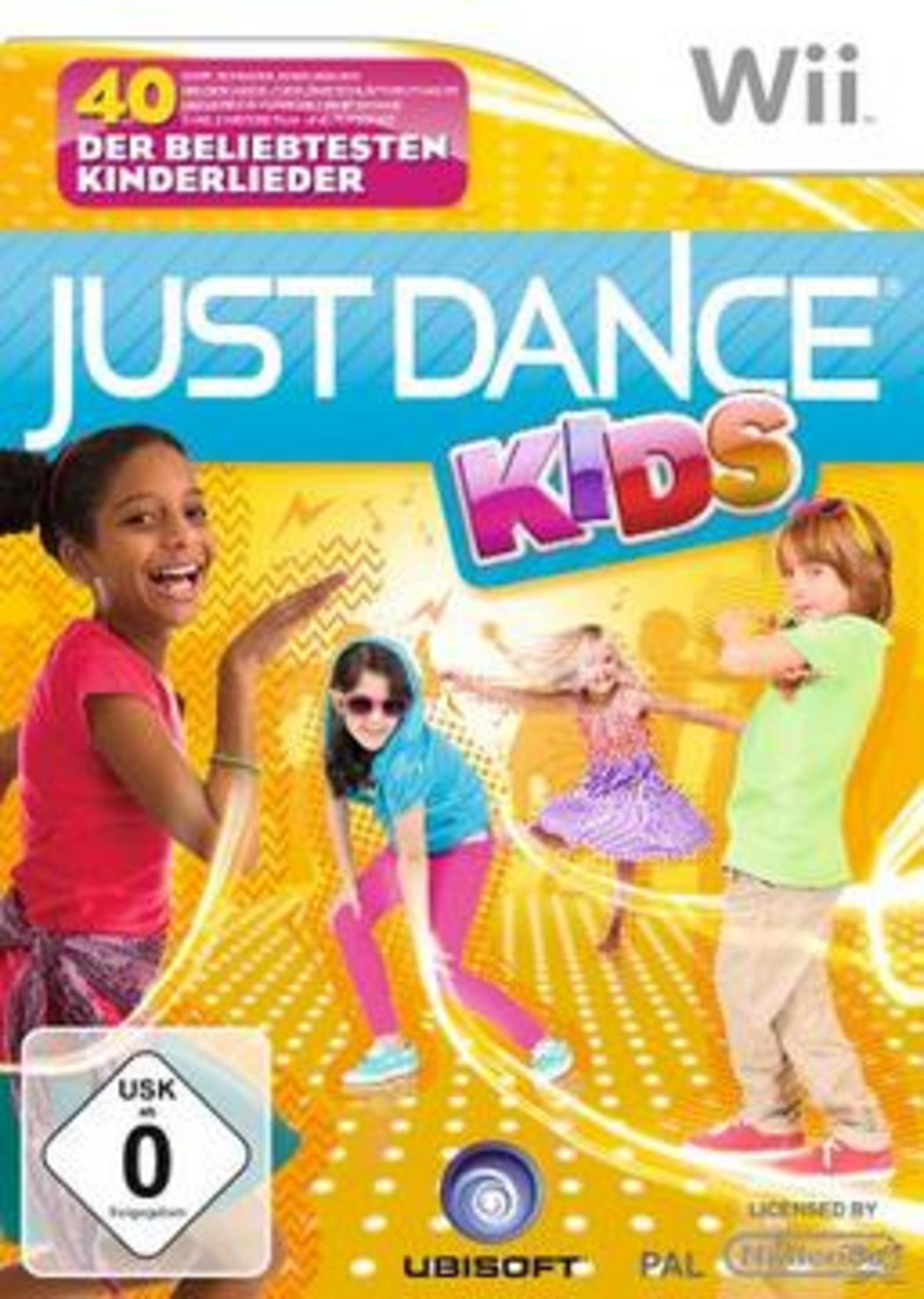 Cover des Just Dance Kids Wii-Spiels. Kinder tanzen mit bunter Kleidung. Gelber Hintergrund.