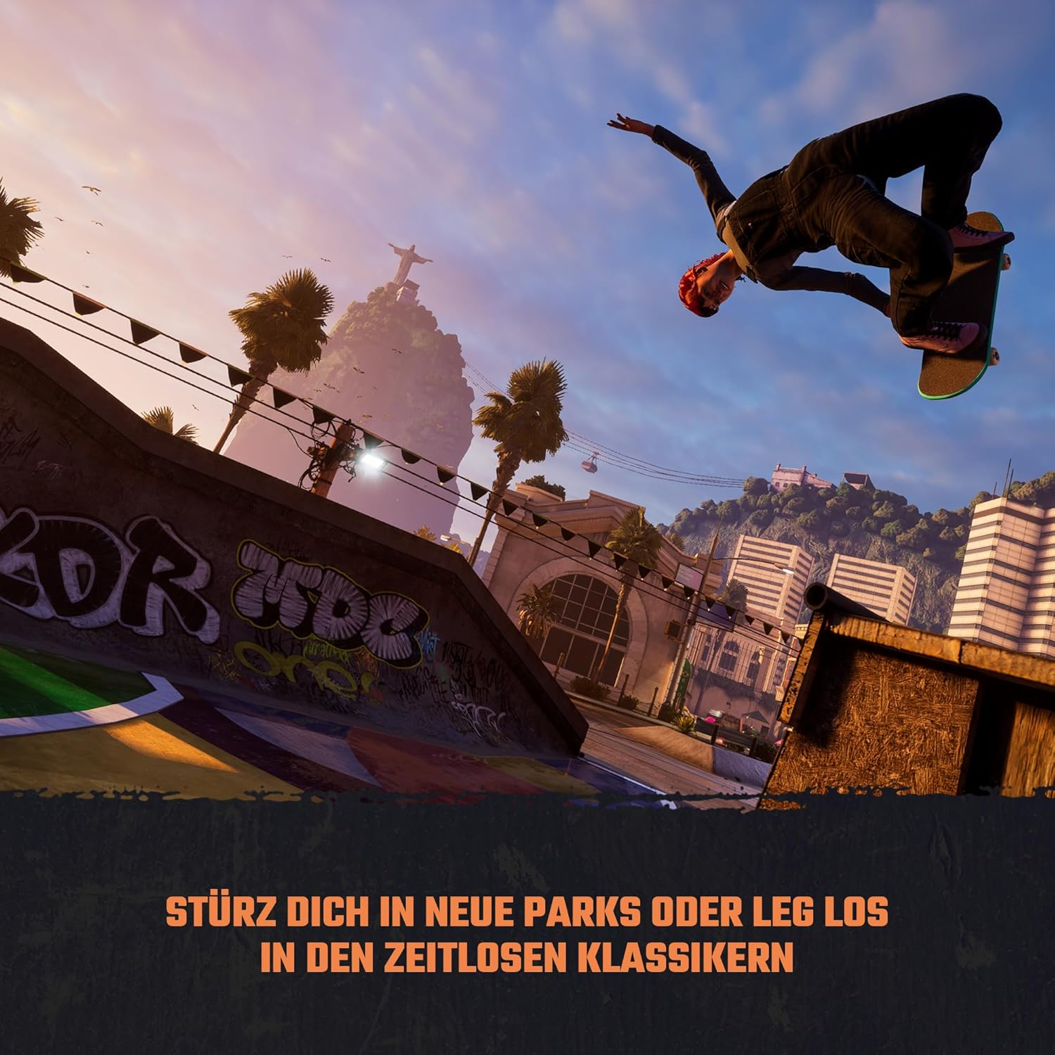 Uno skater a mezz'aria esegue un trick. Palme, edifici e la statua del Cristo Redentore sullo sfondo.