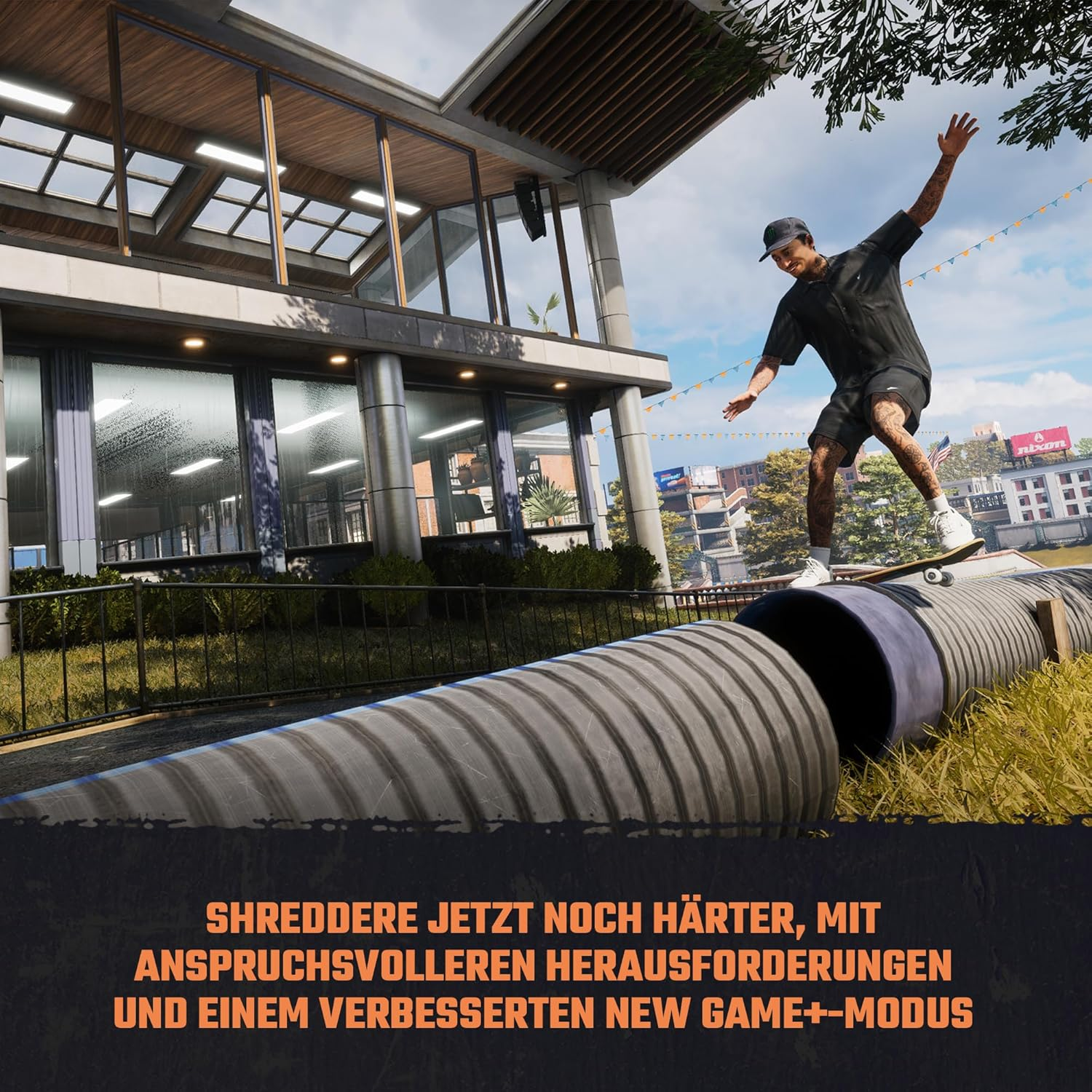 Uno skater su un tubo grande, in equilibrio. Edifici e alberi sullo sfondo, testo: shred più duro, con sfide e modalità di gioco.