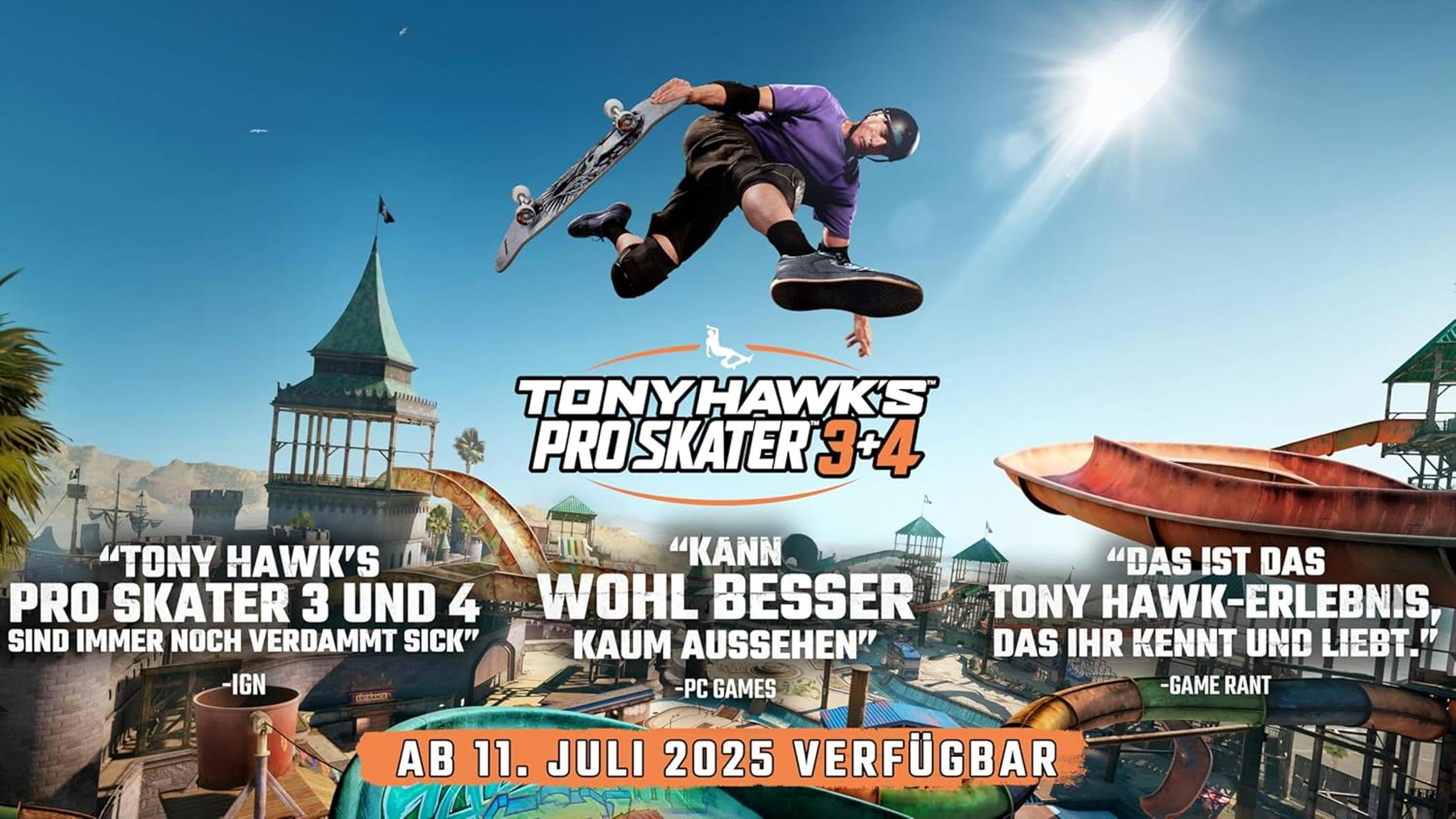 Uno skater salta in aria sopra il titolo del gioco 'Tony Hawk's Pro Skater 3+4'. Lo sfondo mostra un parco acquatico.