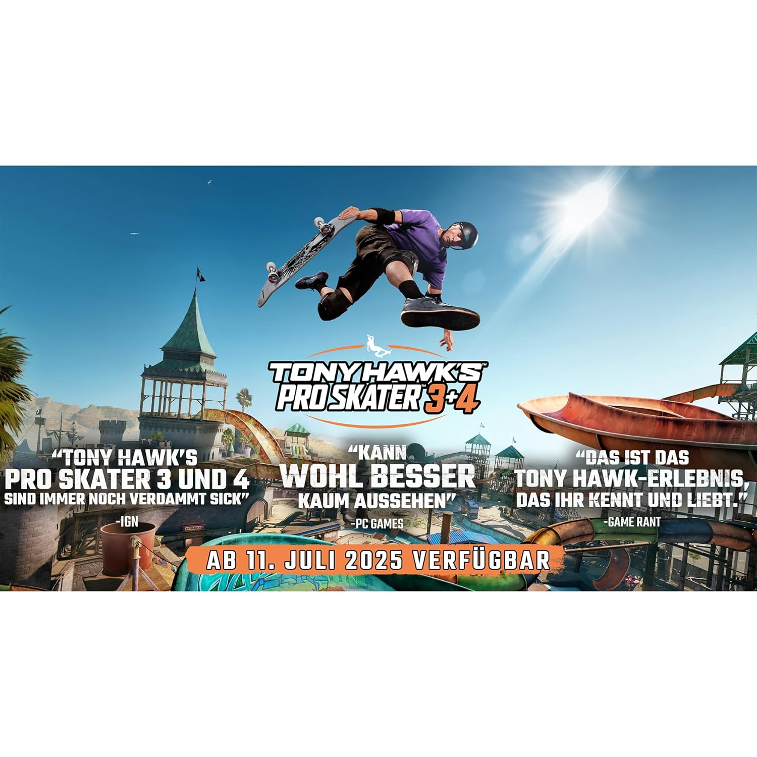 Uno skater a mezz'aria sopra uno skate park. L'immagine è una pubblicità per Tony Hawk's Pro Skater 3+4.