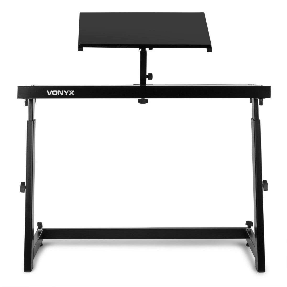 Se muestra un soporte de DJ Vonyx negro, con un estante superior y una mesa inferior, el marco es negro. El soporte está vacío.