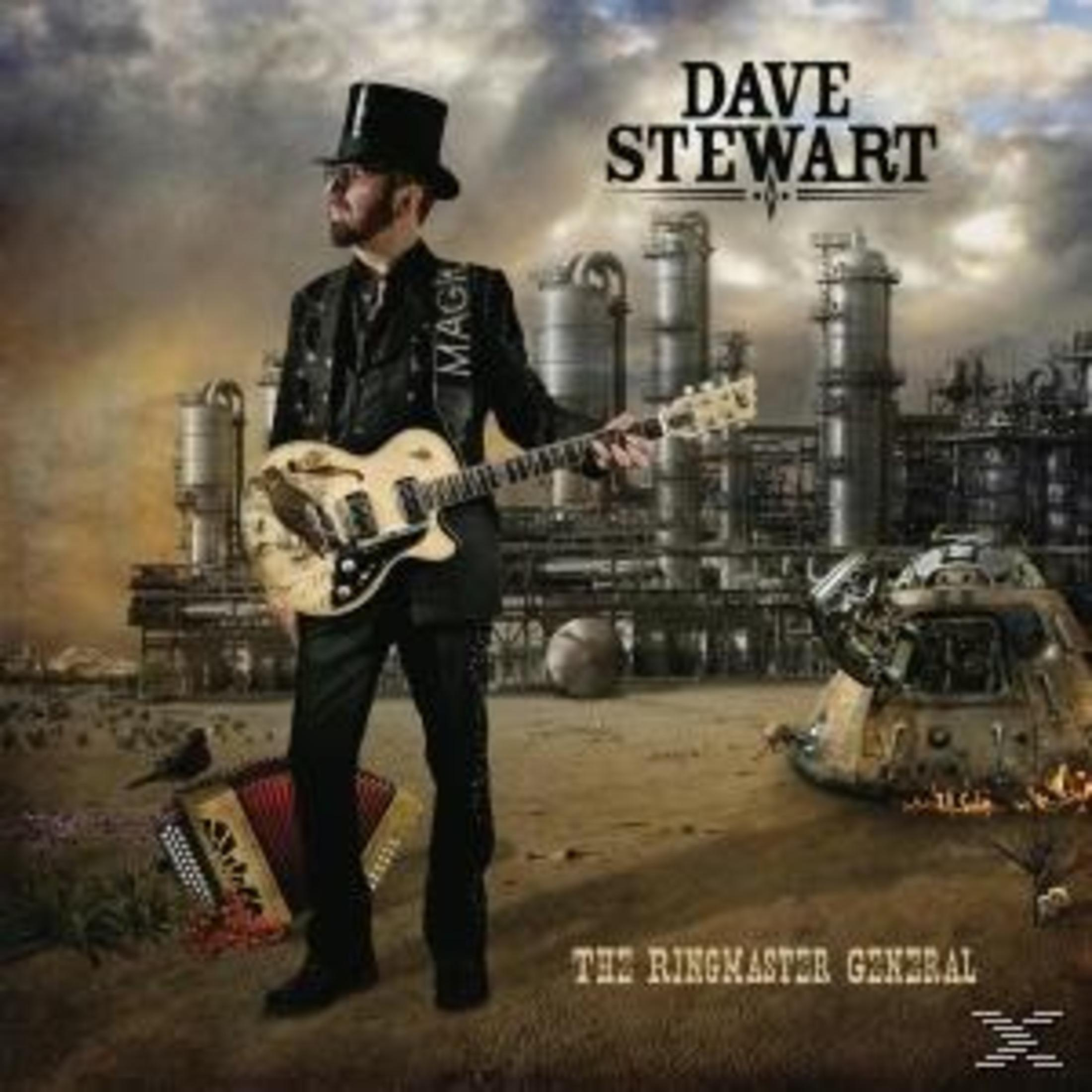 Mann mit Zylinder und Gitarre. Industrieller Hintergrund mit einem abgestürzten Fahrzeug. Albumcover: Dave Stewart.
