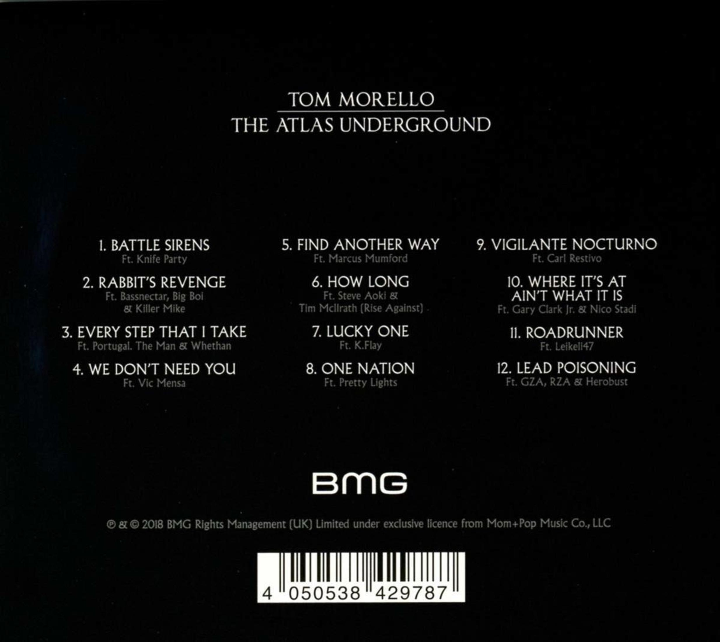 Albumcover: weißer Text auf schwarzem Hintergrund, listet Tom Morello Albumtracks und Features auf. BMG-Logo unten.