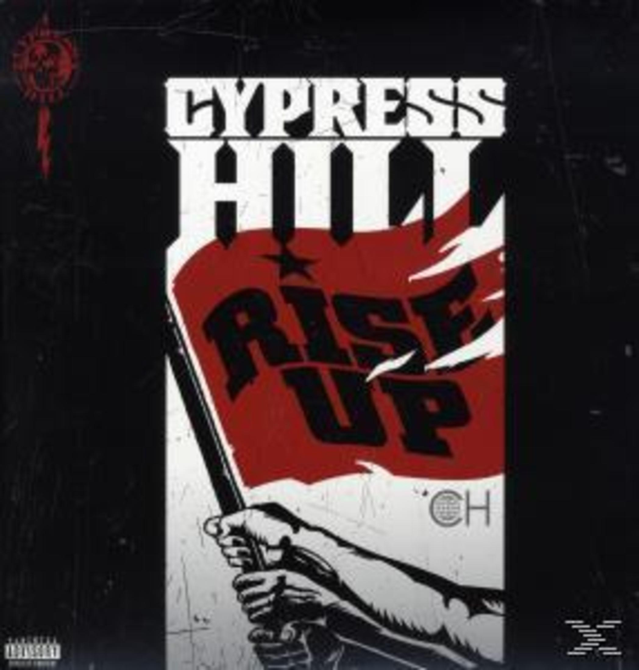Albumcover. Rote Flagge mit 'Rise Up'-Text, gehalten von Händen. 'Cypress Hill' oben. Totenkopf-Logo links. Schwarzer Hintergrund.