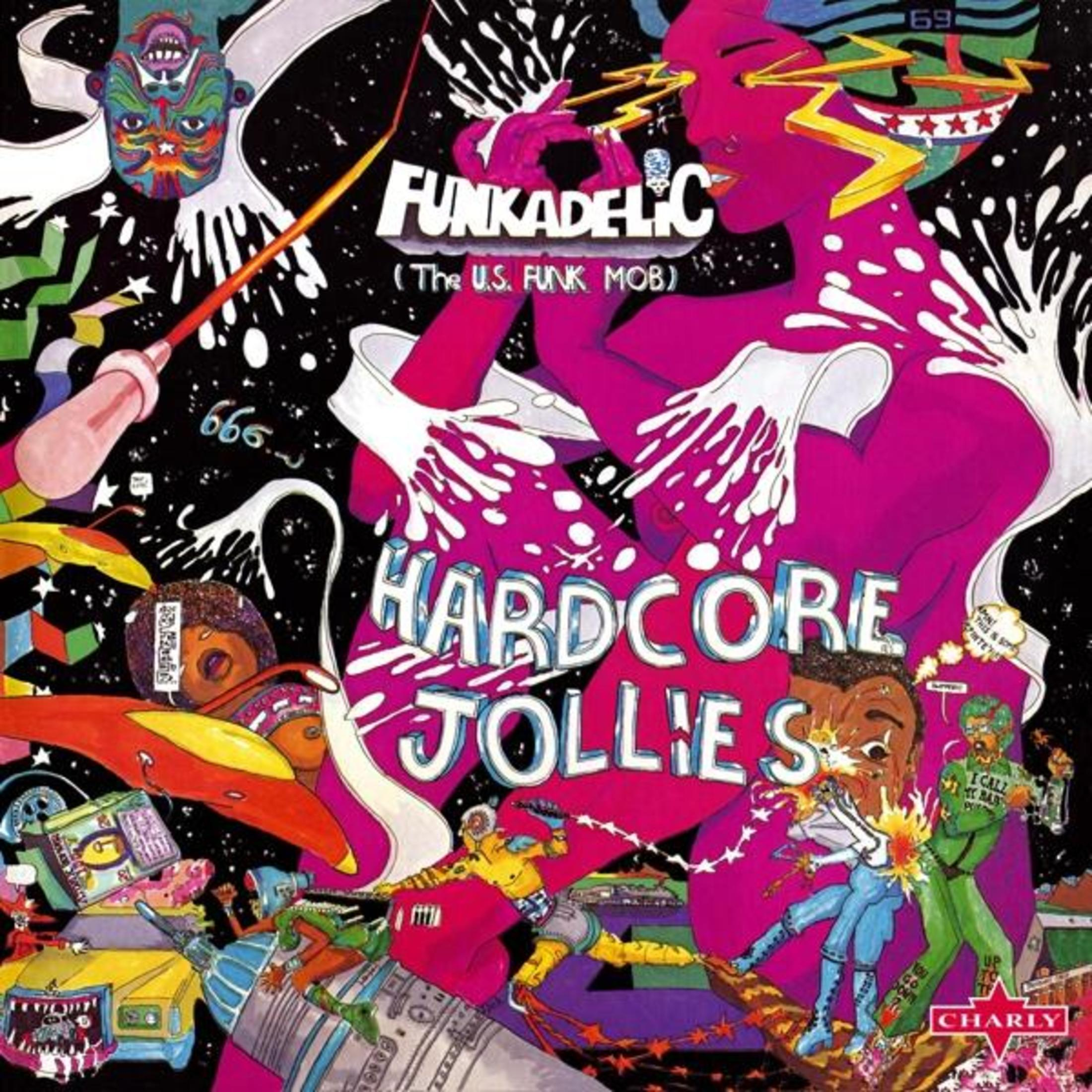 Copertina dell'album. Figura rosa con occhi a fulmine, titolo 'Hardcore Jollies'. Tema spaziale, figure e un'auto gialla.