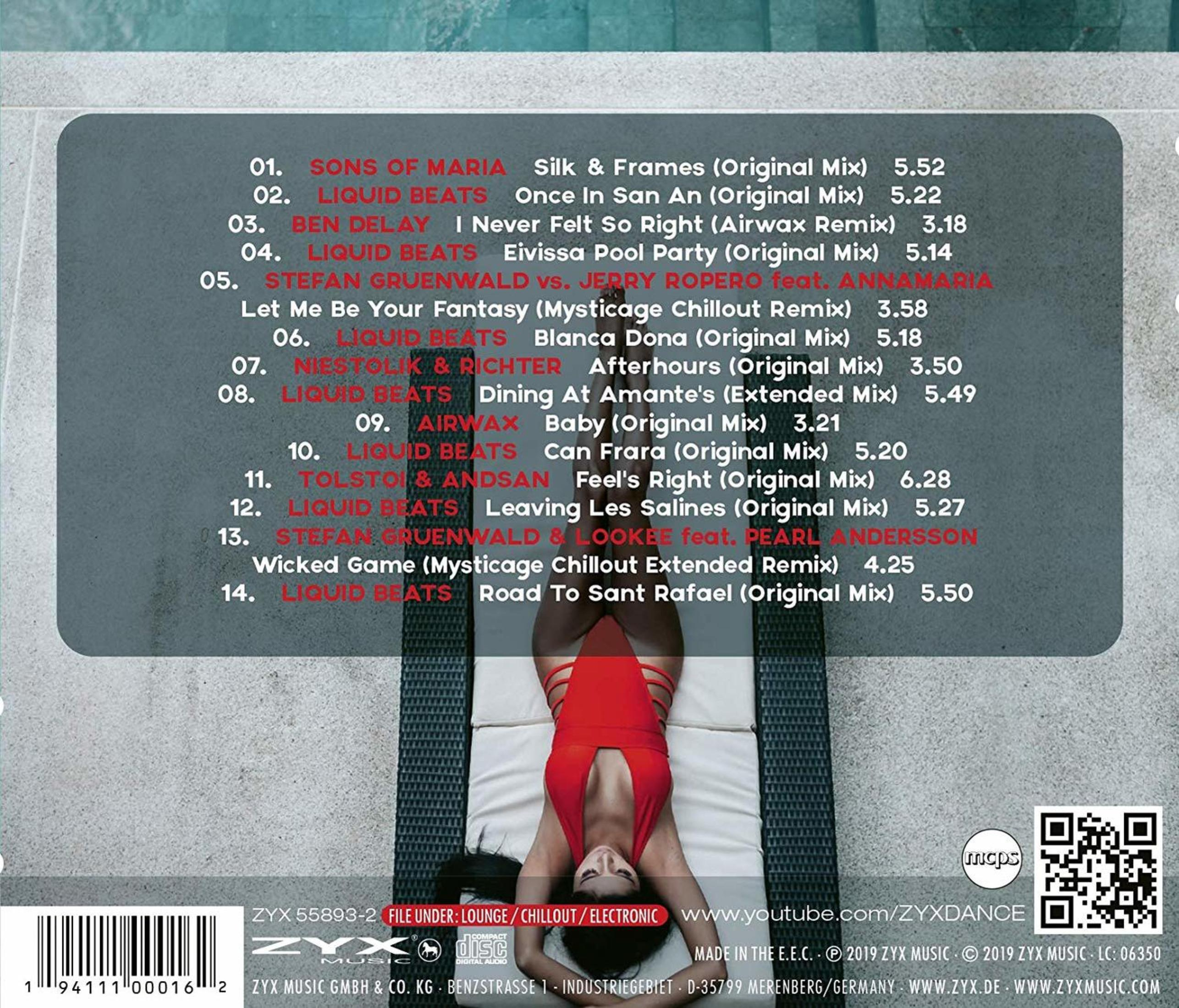 Eine Frau in einem roten Badeanzug liegt auf einer weißen Oberfläche, Albumcover mit einer Titelliste im Hintergrund.
