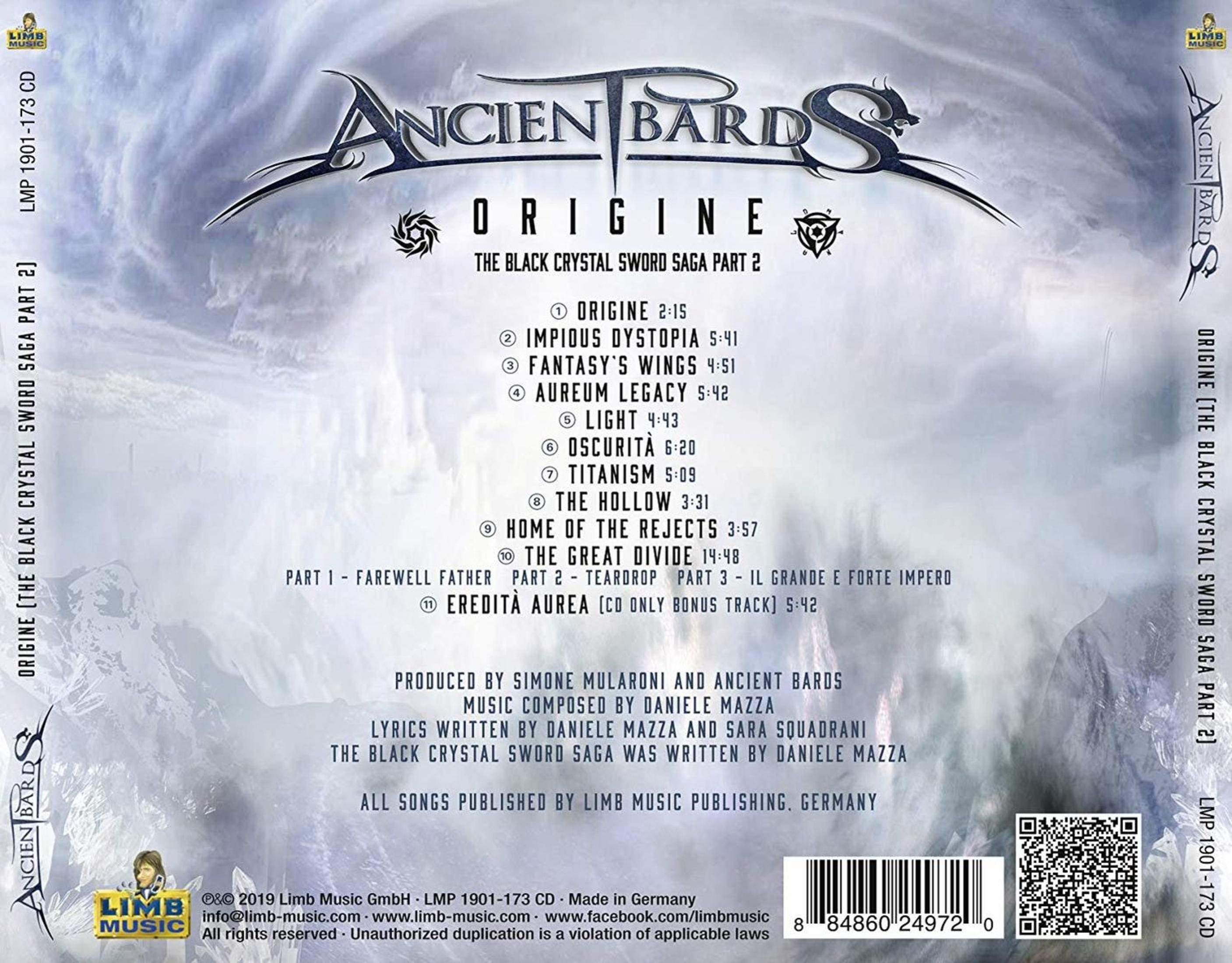 Albumcover für Ancient Bards, Origine. Weißer, blauer Hintergrund mit Text und Songtiteln. Ein Drachenkopf ist vorhanden.