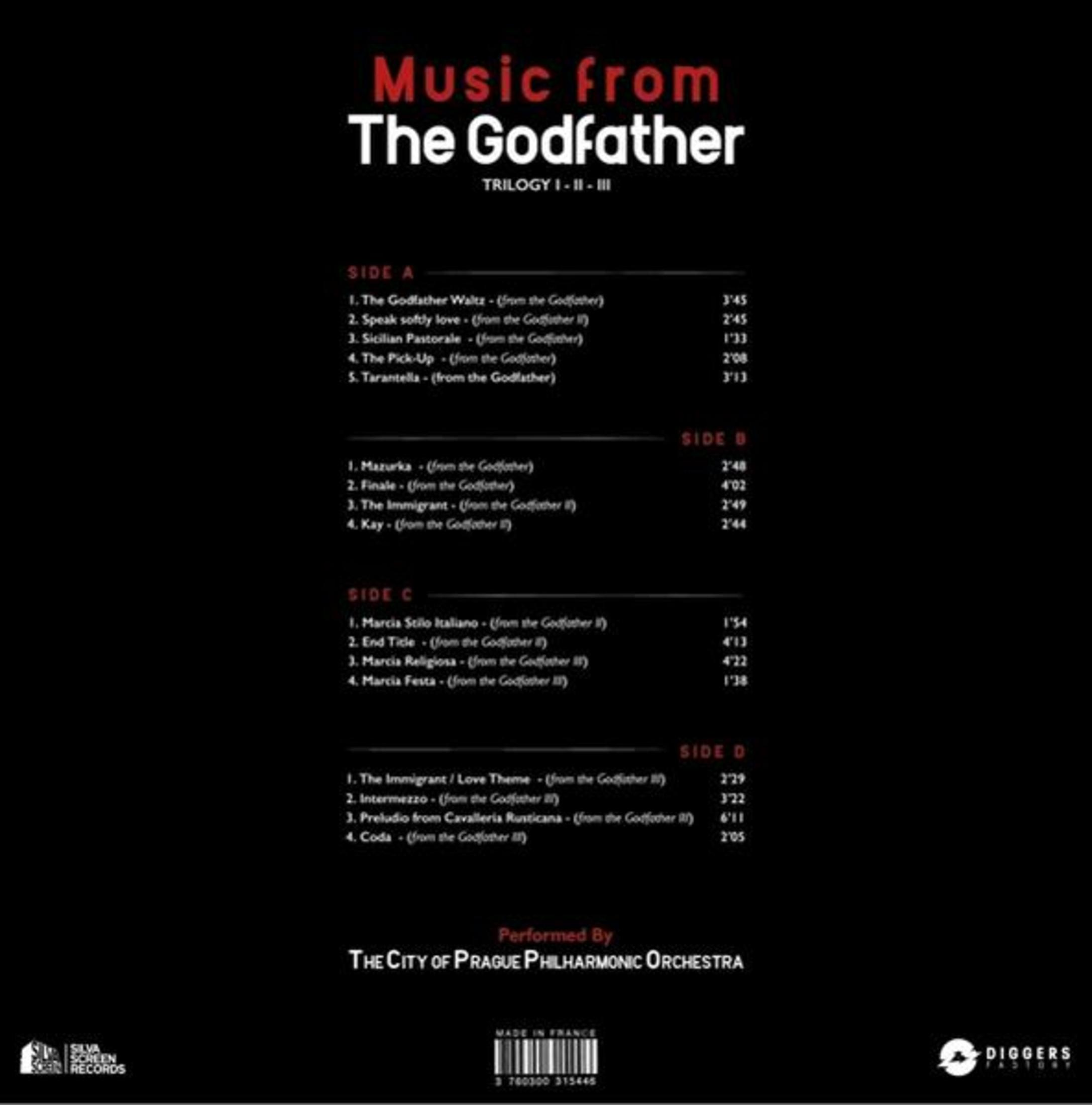 Copertina dell'album 'Music from The Godfather'. Sfondo nero, testo rosso e bianco. Elenco tracce per i lati A, B, C e D.