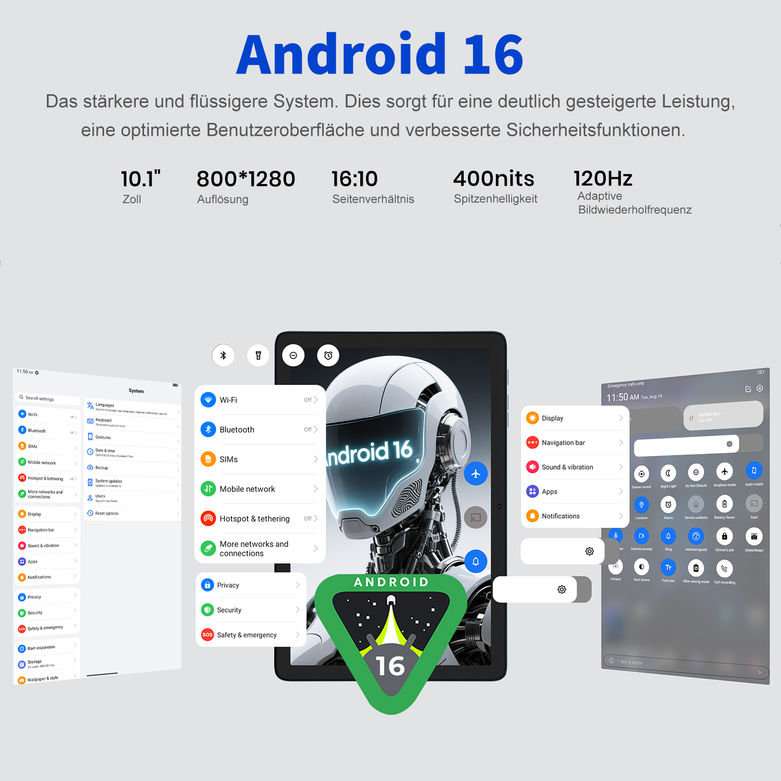 Android 16-Anzeige zeigt Tablet, UI-Screenshots und Spezifikationen. Im Hintergrund ist ein Roboter. Grünes Android-Logo mit 16.