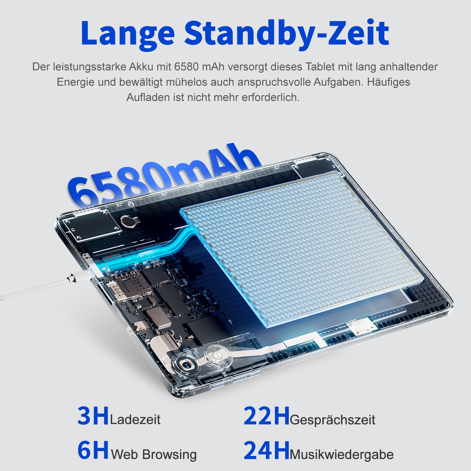 Tablet mit 6580 mAh Akku, Innenleben sichtbar. Text zeigt lange Standby, 3h Laden, 22h Gespräch, 6h Web, 24h Musik.