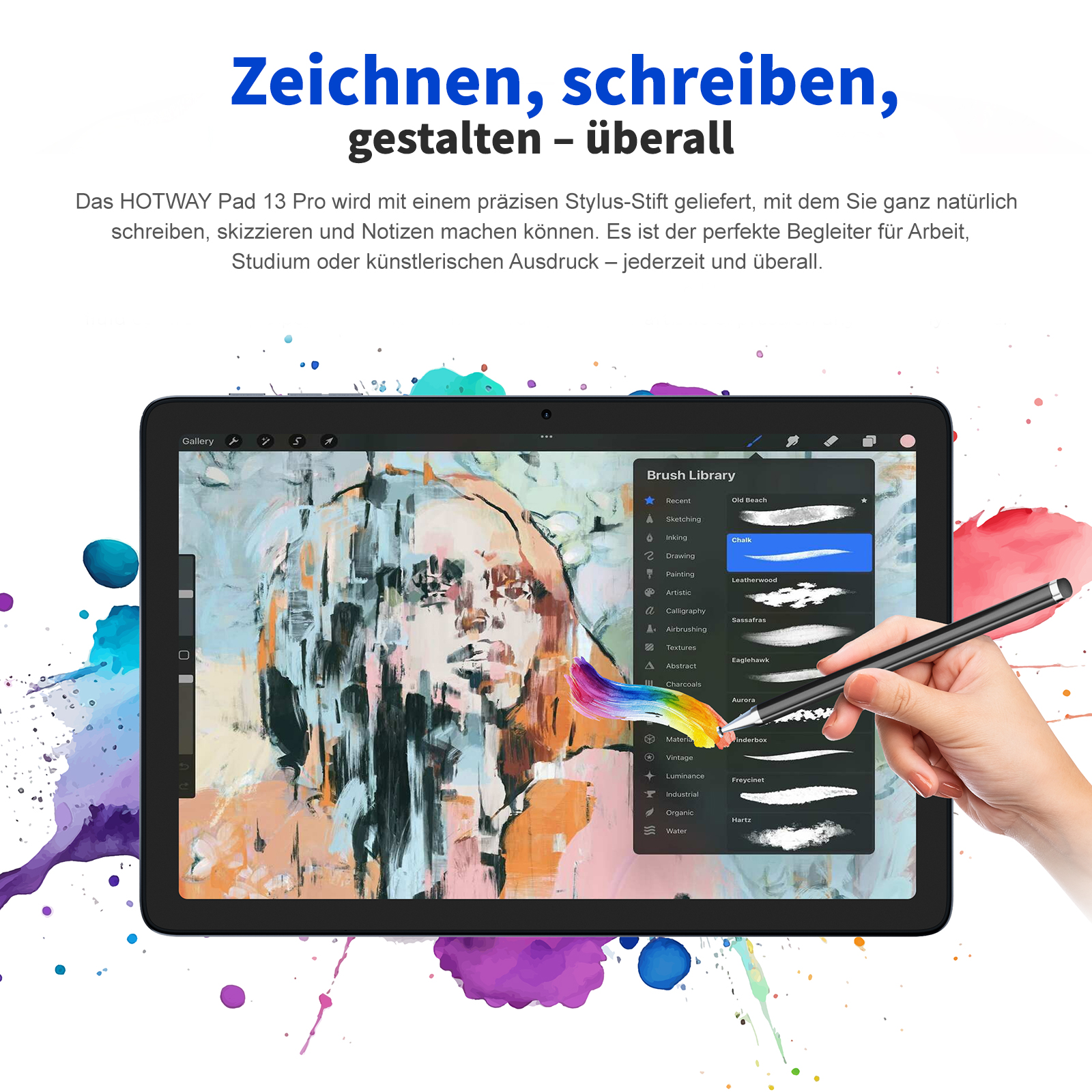Ein Tablet mit einem Gemälde auf dem Bildschirm. Eine Hand hält einen Stift zum Zeichnen. Bunte Spritzer umgeben es.
