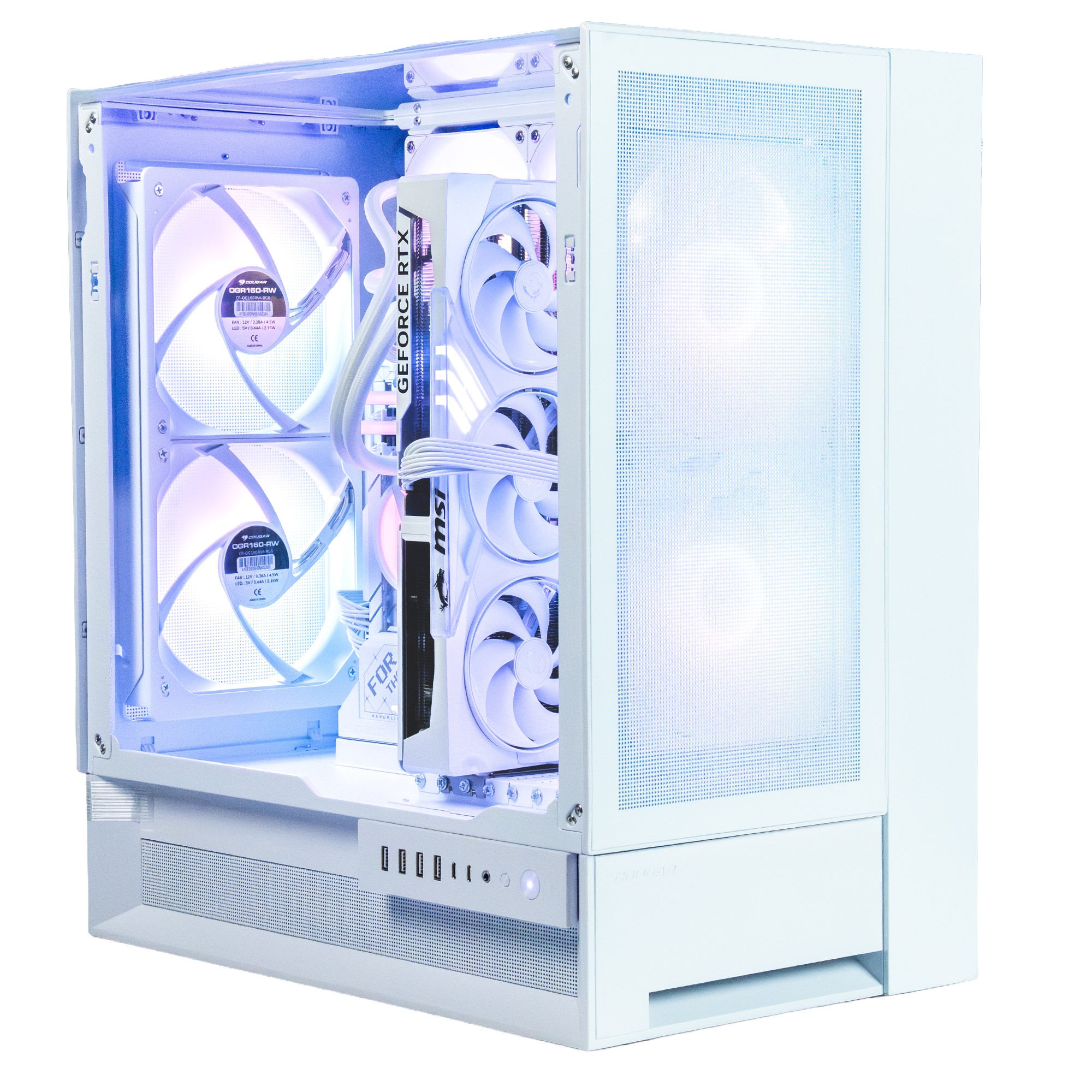 Carcasa de ordenador blanca con ventiladores, tarjeta gráfica y puertos. La carcasa está abierta, mostrando componentes y luces internas.