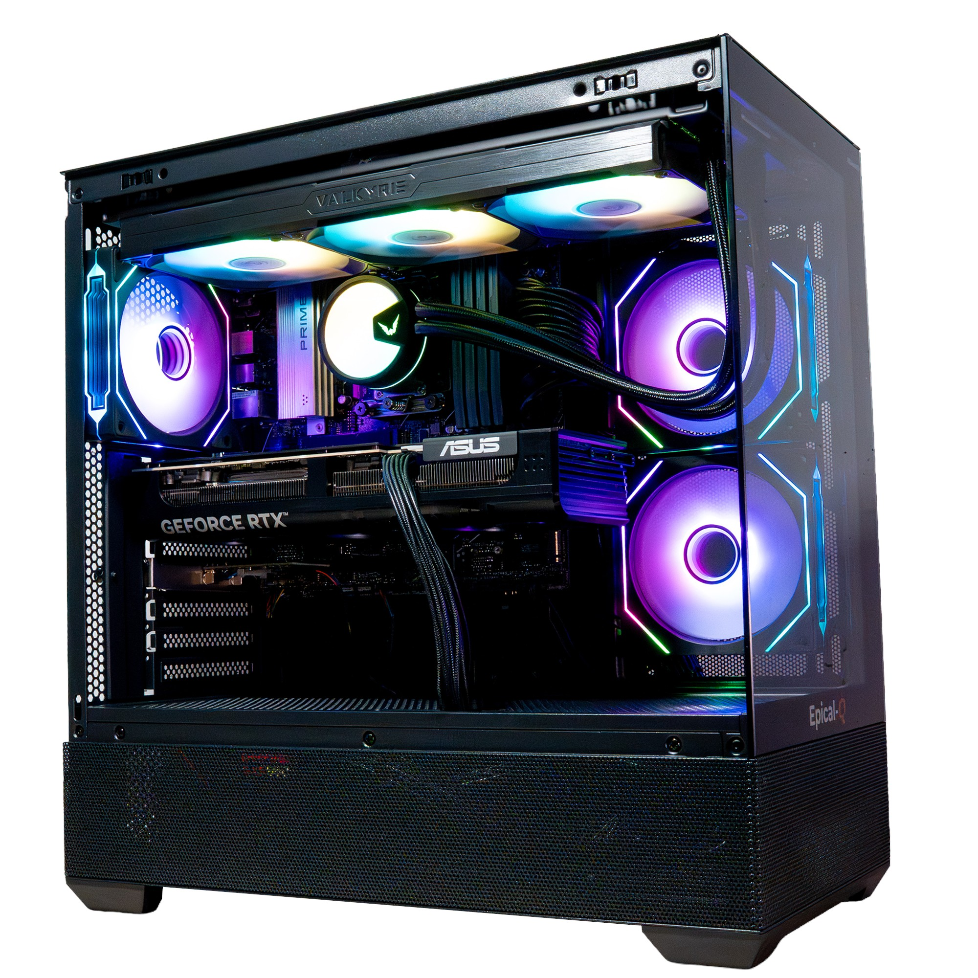 Una caja de computadora con componentes internos iluminados con luces de colores. Tiene un panel lateral de vidrio.