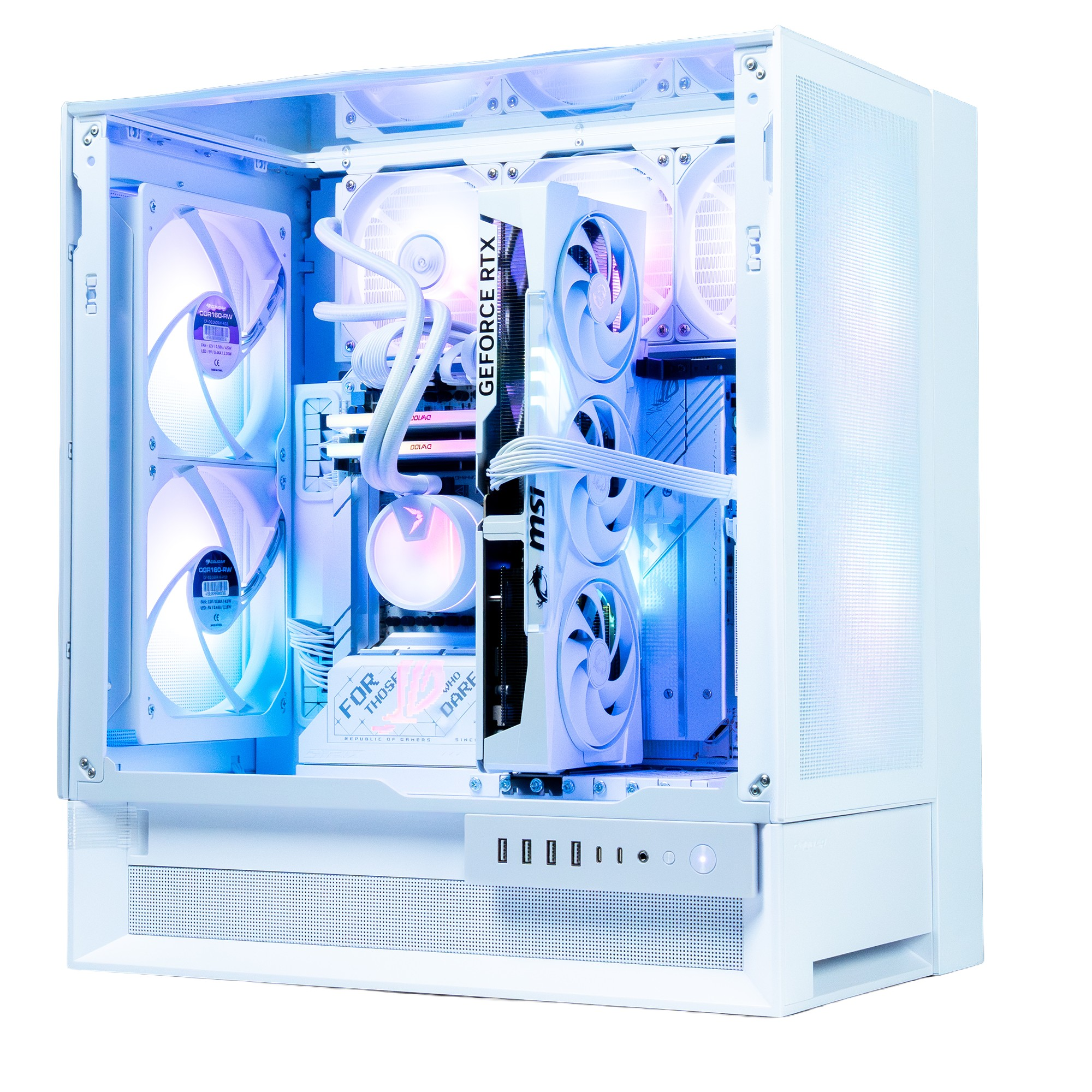 Una carcasa de computadora blanca con componentes internos iluminados por LED azules y blancos. Los componentes incluyen ventiladores y una tarjeta gráfica.