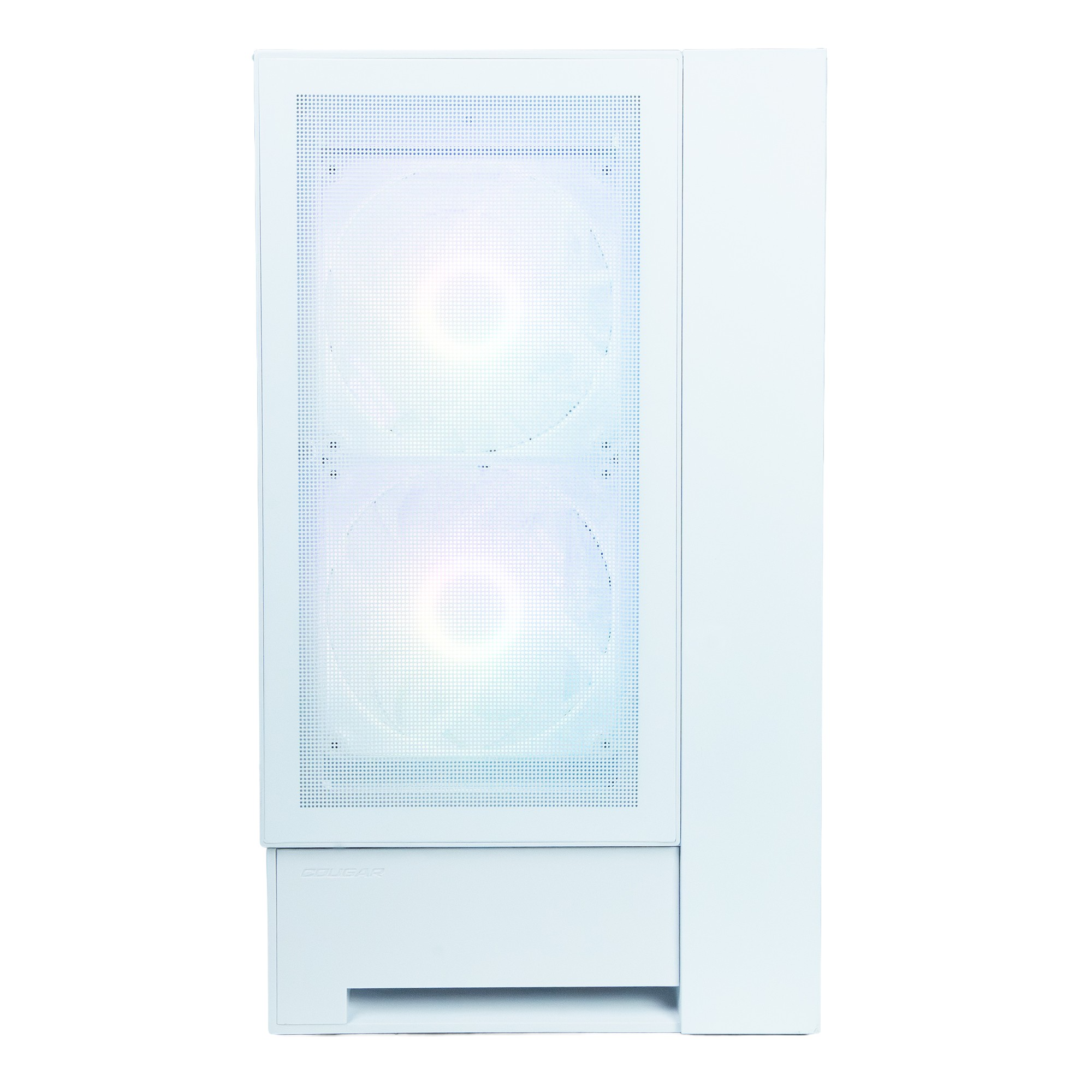 Una caja de ordenador blanca con frontal perforado. Dos ventiladores internos visibles a través del panel frontal.