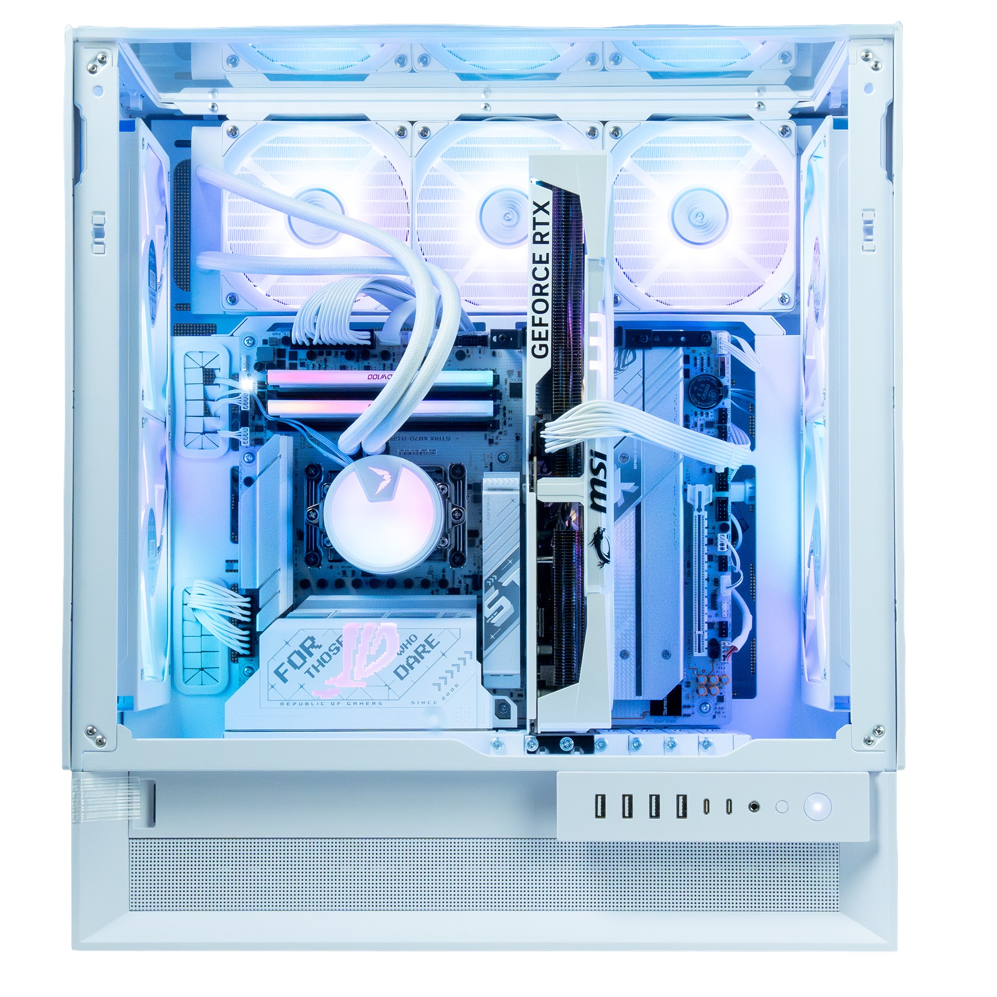 Dentro de una caja de computadora blanca, los componentes están iluminados con luces azules y blancas. Se ve una tarjeta gráfica con el texto GeForce RTX.