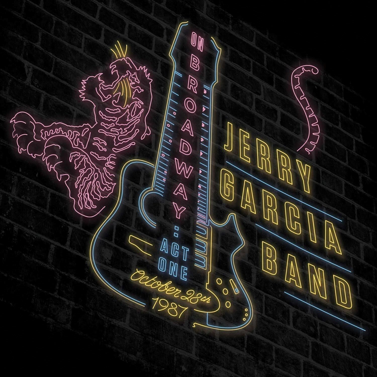 Neonbord op bakstenen muur: gitaar, tijger en 'Jerry Garcia Band'. Datum: 28 oktober 1987. Tekst: 'On Broadway Act One'.