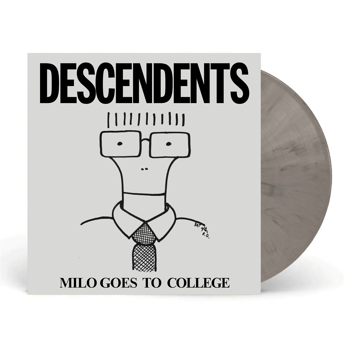 L'album 'Milo Goes to College' dei Descendents. La copertina presenta un disegno di un personaggio con occhiali e cravatta. Un vinile grigio.