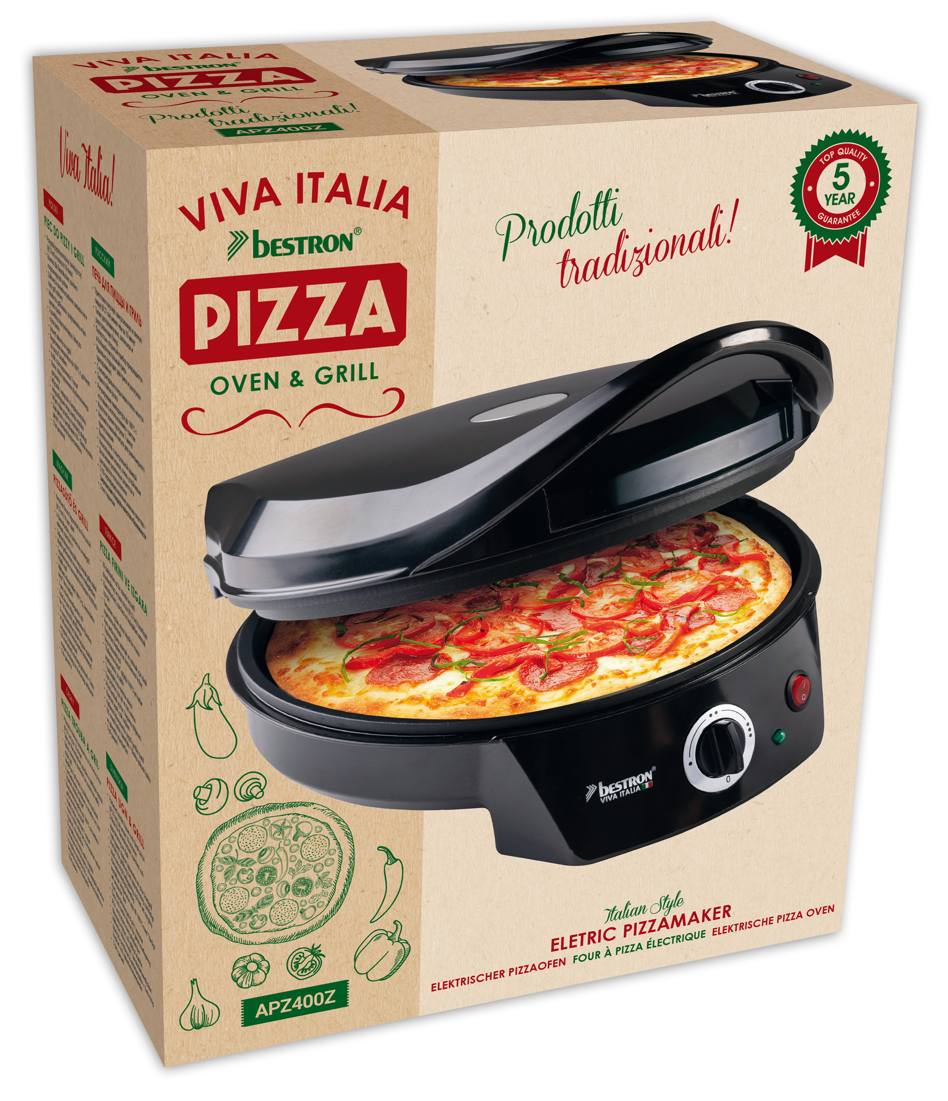 Scatola del forno per pizza. Forno nero, aperto per rivelare una pizza. Testo: Viva Italia Pizza, Bestron.